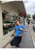 LelyMooch 配色ロゴプリント×ヴィンテージ風  スラブ綿麻 半袖Tシャツ  LEM331