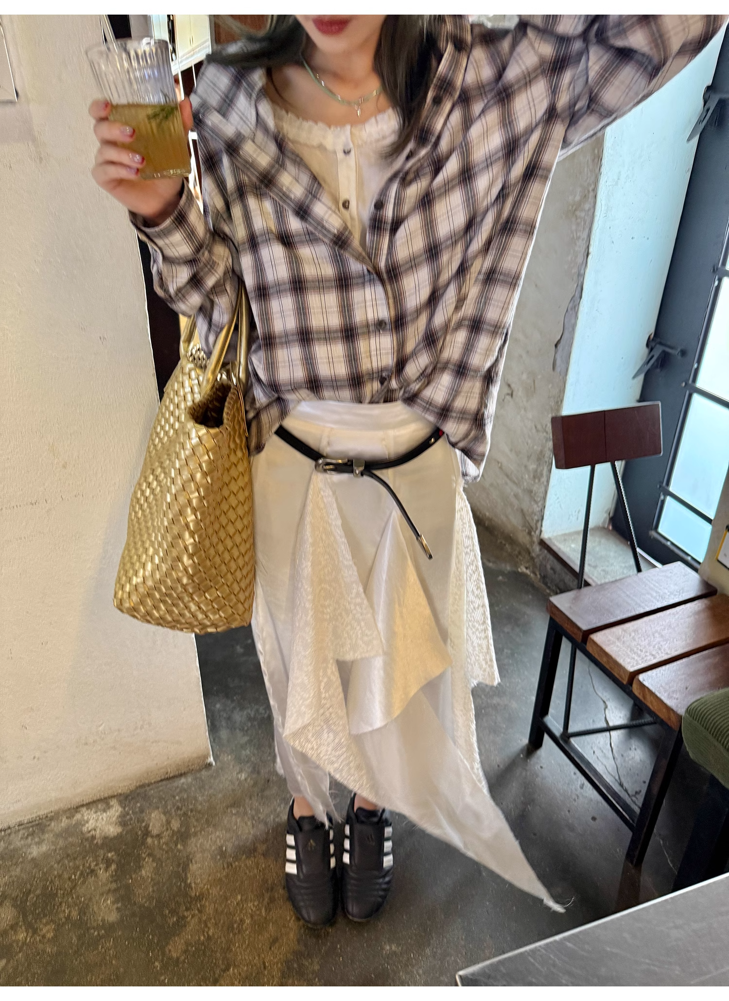 LelyMooch  フード付きミディ丈長袖チェックシャツ  LEM101