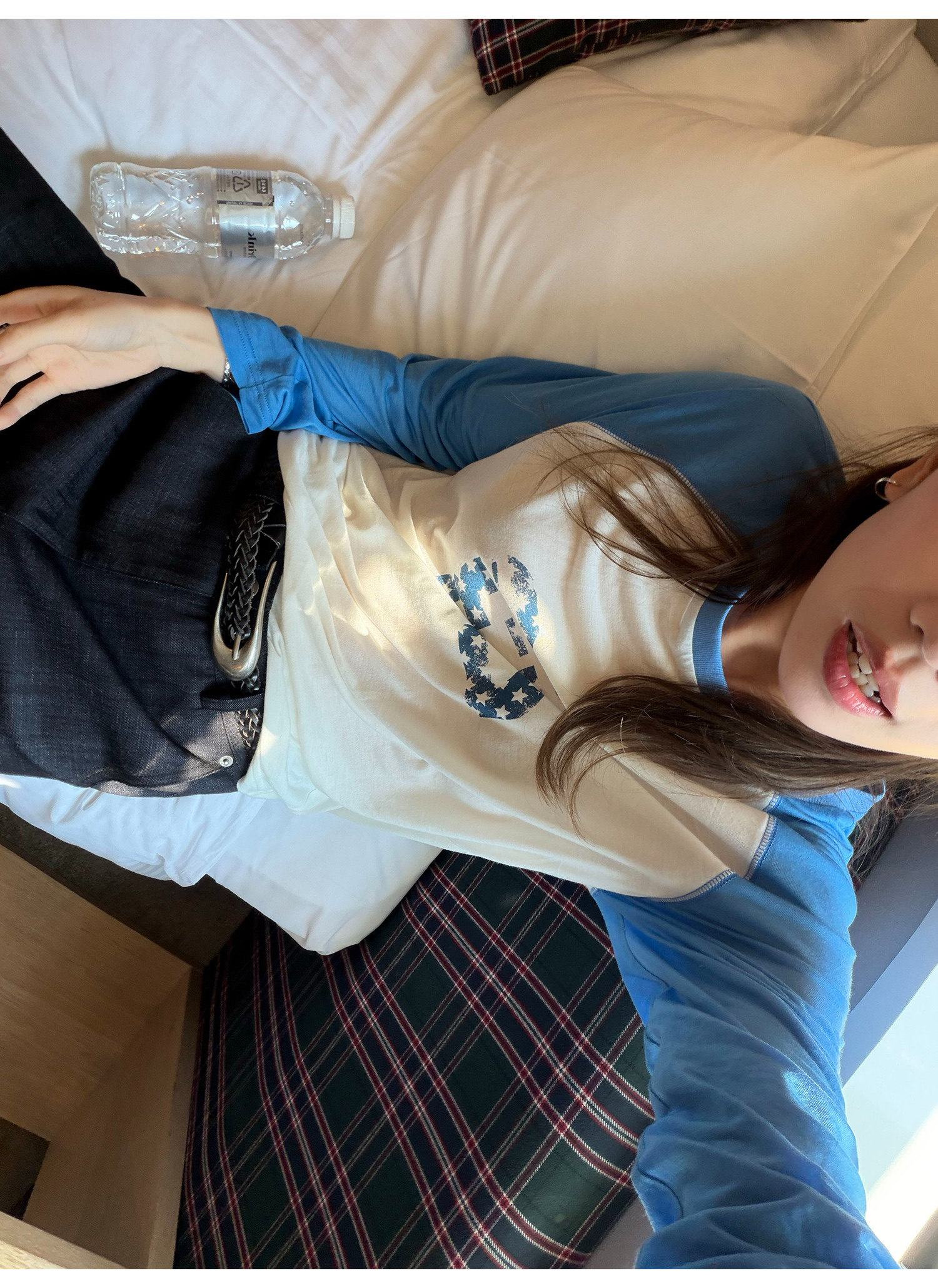 LelyMooch ブルー×ホワイト 配色ロングTシャツ  LEM377