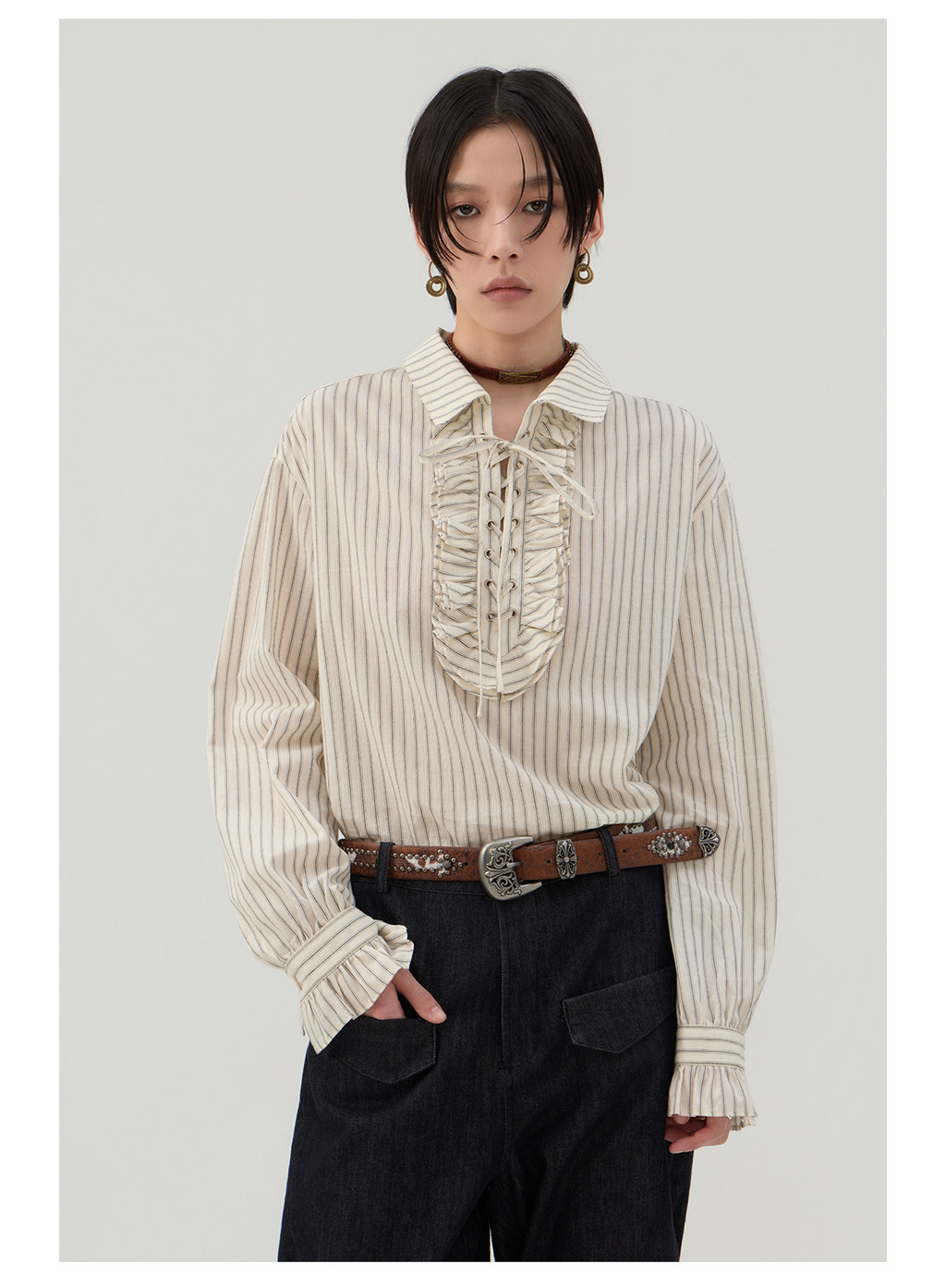 前結びデザイン 縦縞ブラウス  LOM042