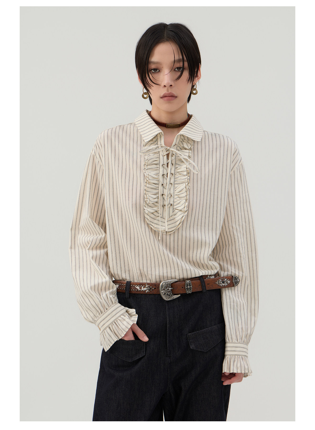 前結びデザイン 縦縞ブラウス  LOM042