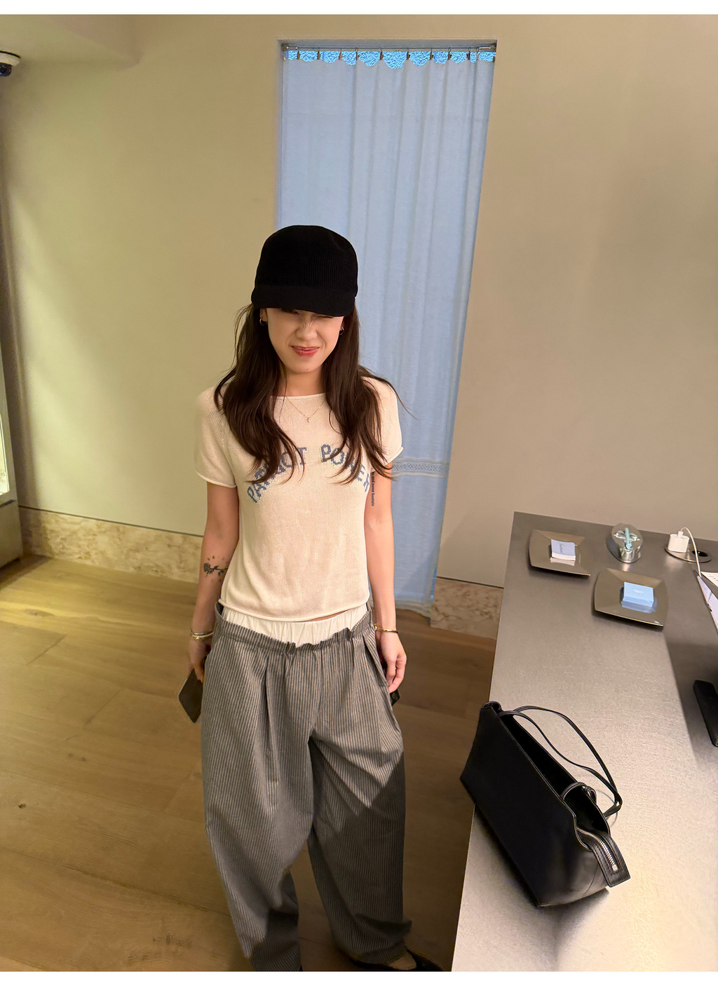 LelyMooch リネン混サマーニット ロゴ刺繍半袖トップス  LEM370