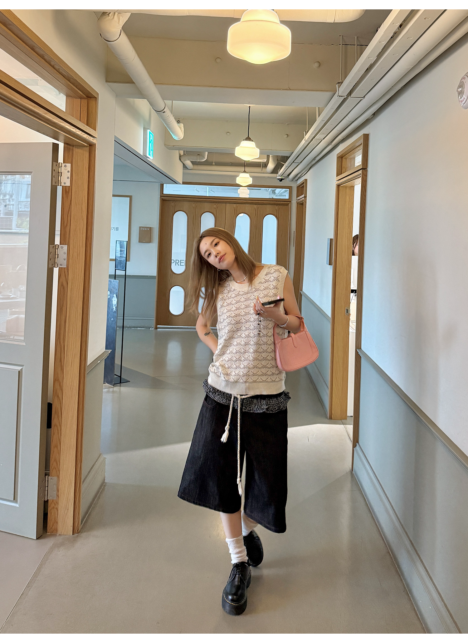 LelyMooch 赤ステッチ×ギンガムデニムハーフパンツ   LEM201