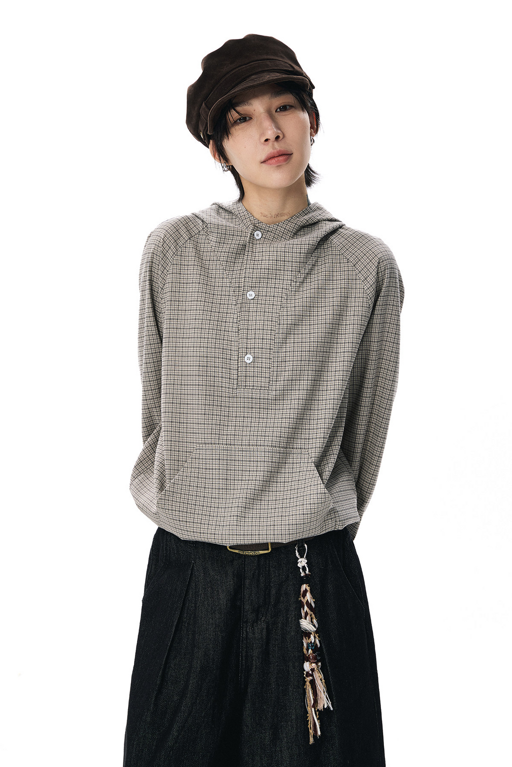 ドローコードヘム フーディーチェック柄 長袖シャツ  LOM037