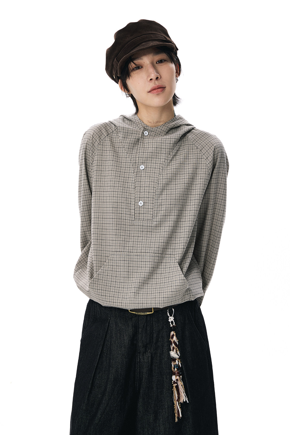 ドローコードヘム フーディーチェック柄 長袖シャツ  LOM037