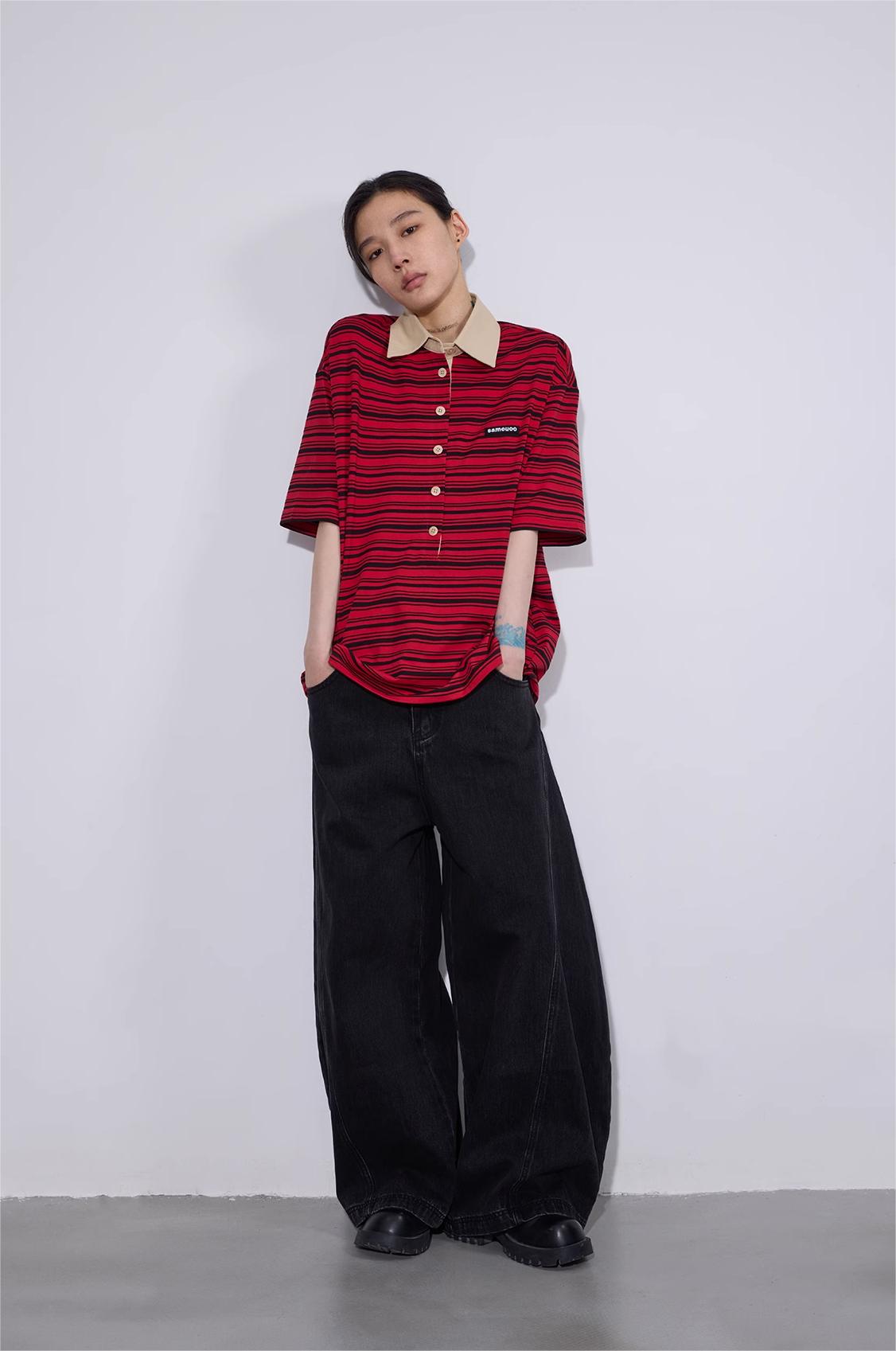 ポロカラー ストライプ半袖Tシャツ  LOM016