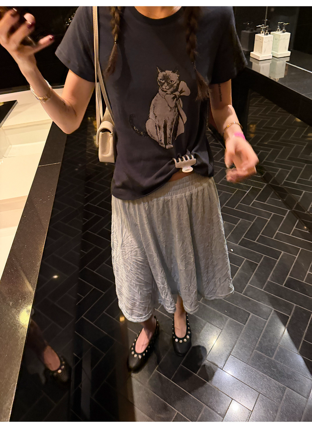 LelyMooch ヴィンテージ風キャットプリントTシャツ  LEM372