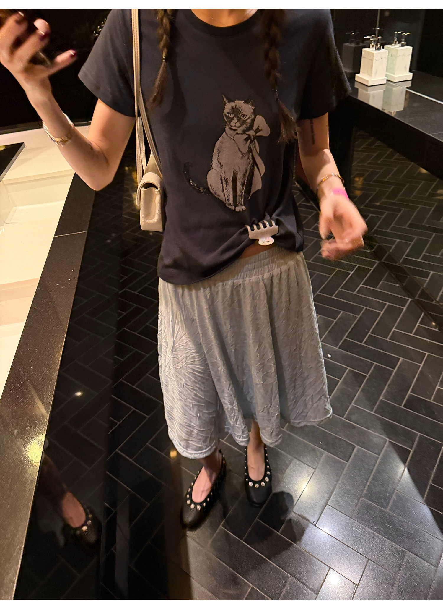 LelyMooch ヴィンテージ風キャットプリントTシャツ  LEM372