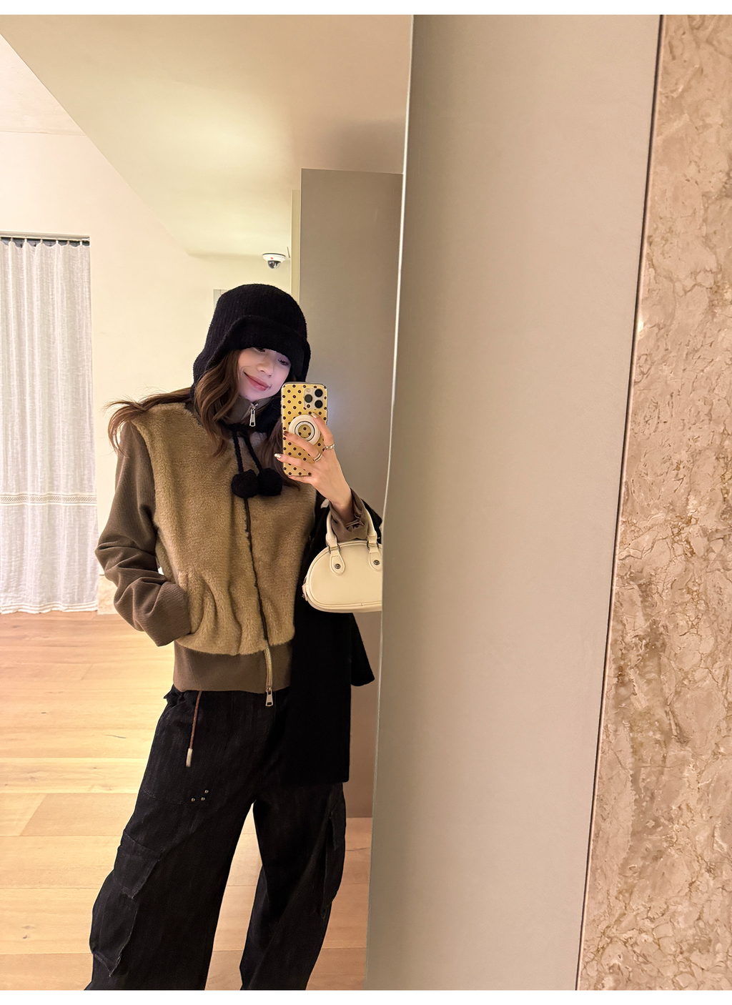 LelyMooch フェイクファー切り替え立ち襟コート  LEM252