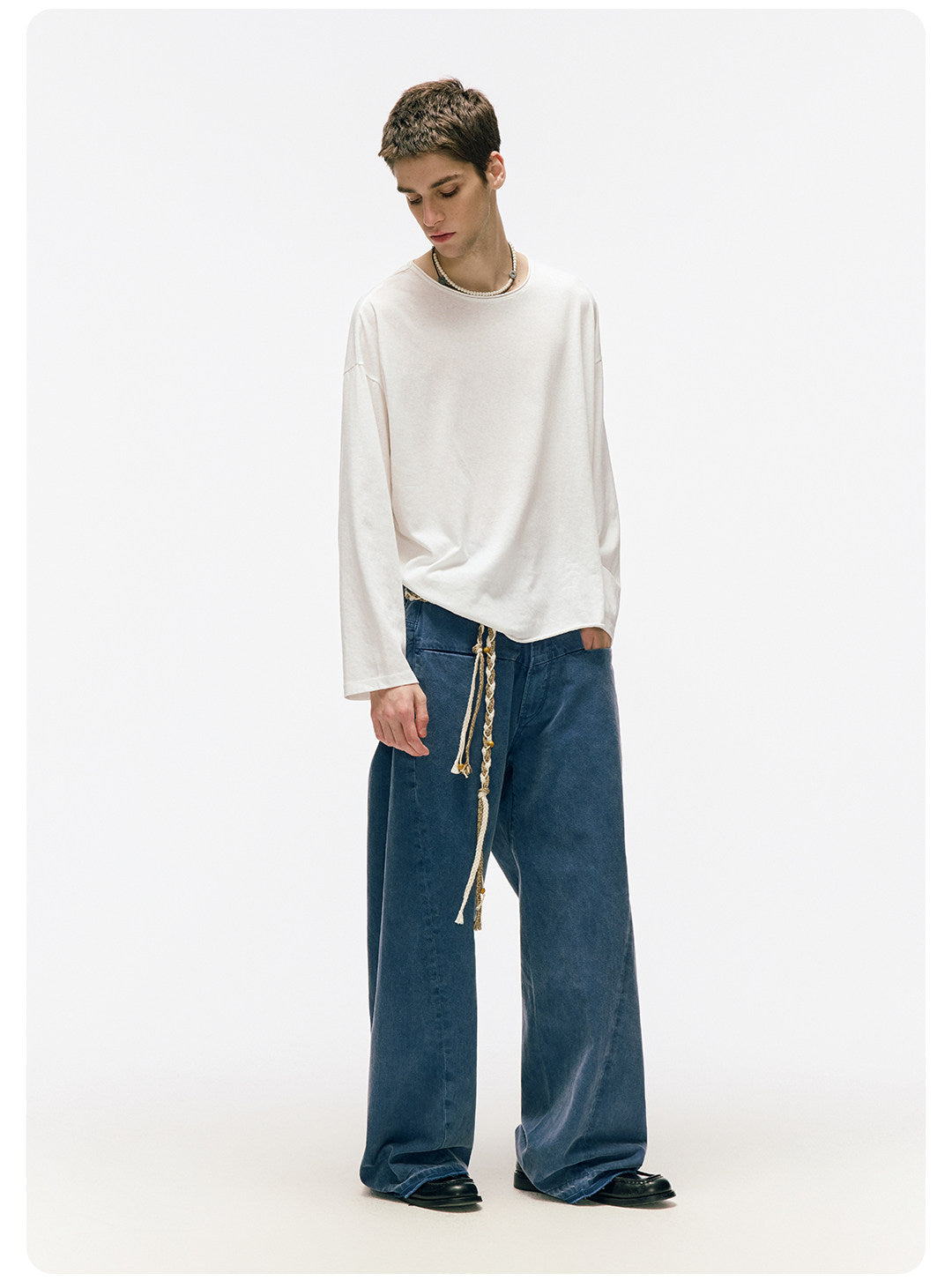 ムラ感デニム 断ち切り仕様 紐プレゼント イージーワイドパンツ LOM041