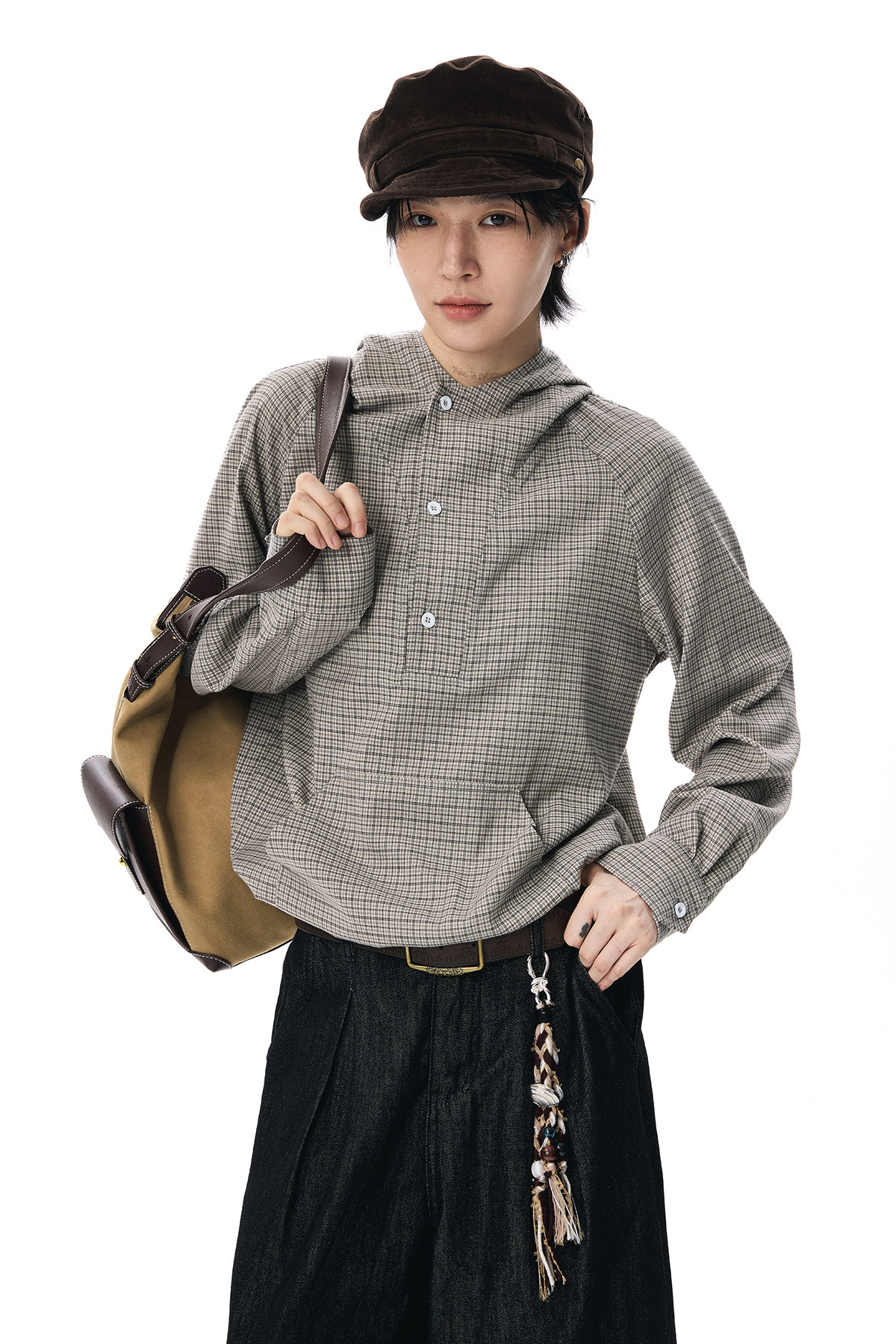 ドローコードヘム フーディーチェック柄 長袖シャツ  LOM037