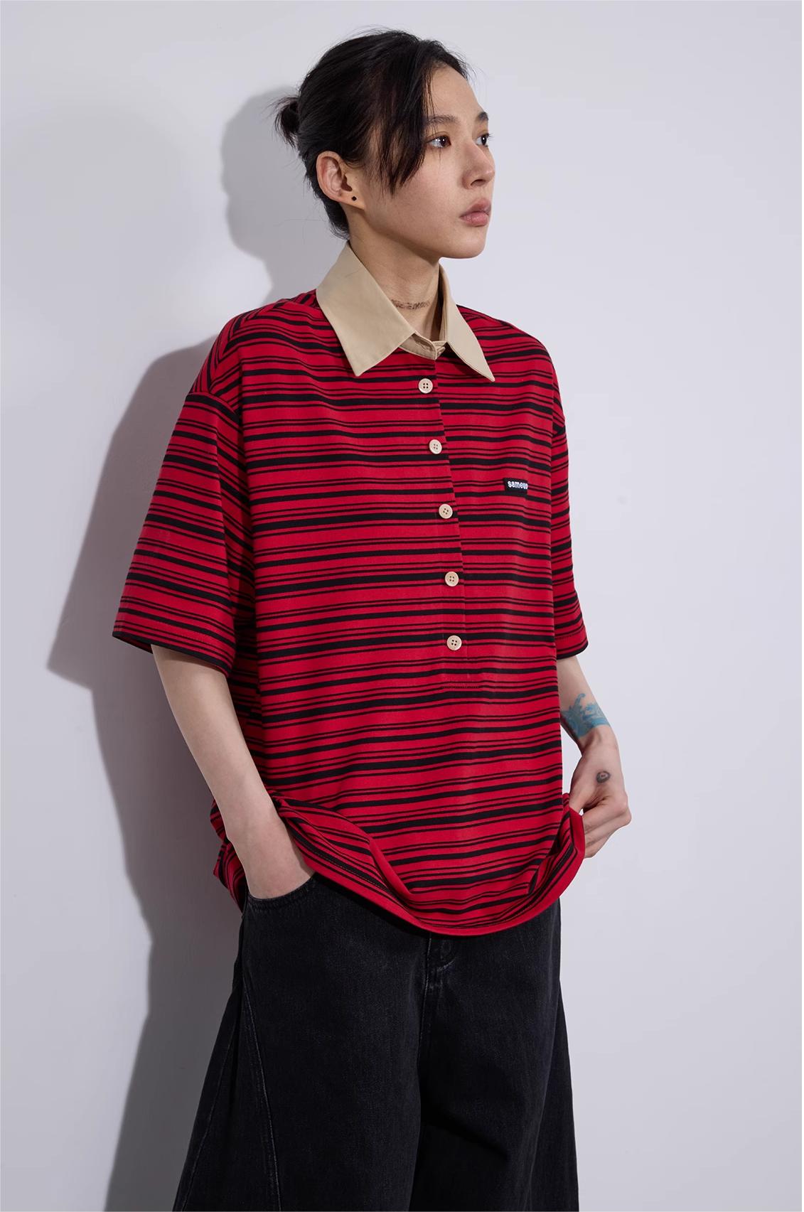 LoomL  ポロカラー ストライプ半袖Tシャツ  LOM016