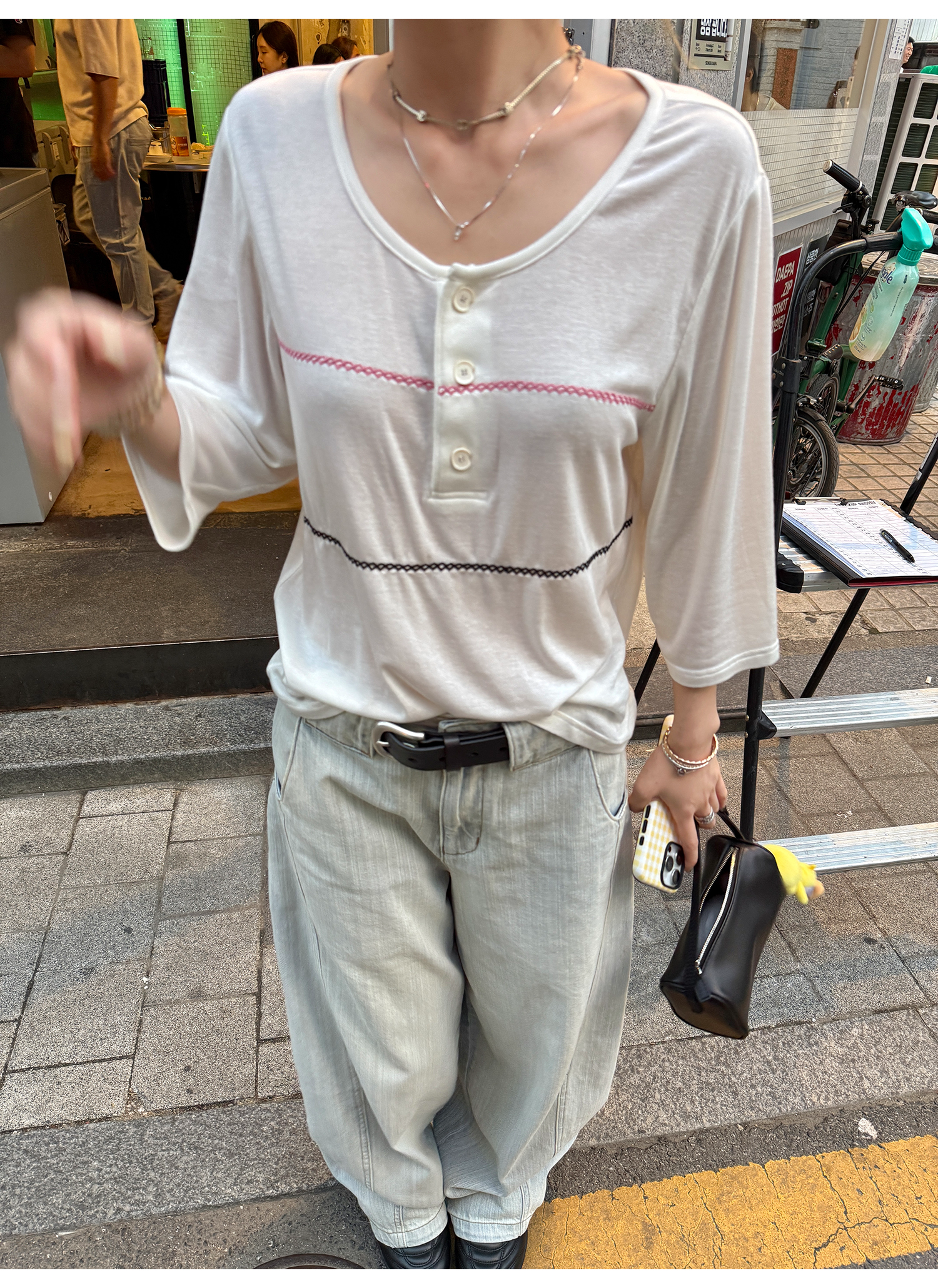 LelyMooch シアー素材×配色ステッチ ヘンリーネック七分袖  LEM178