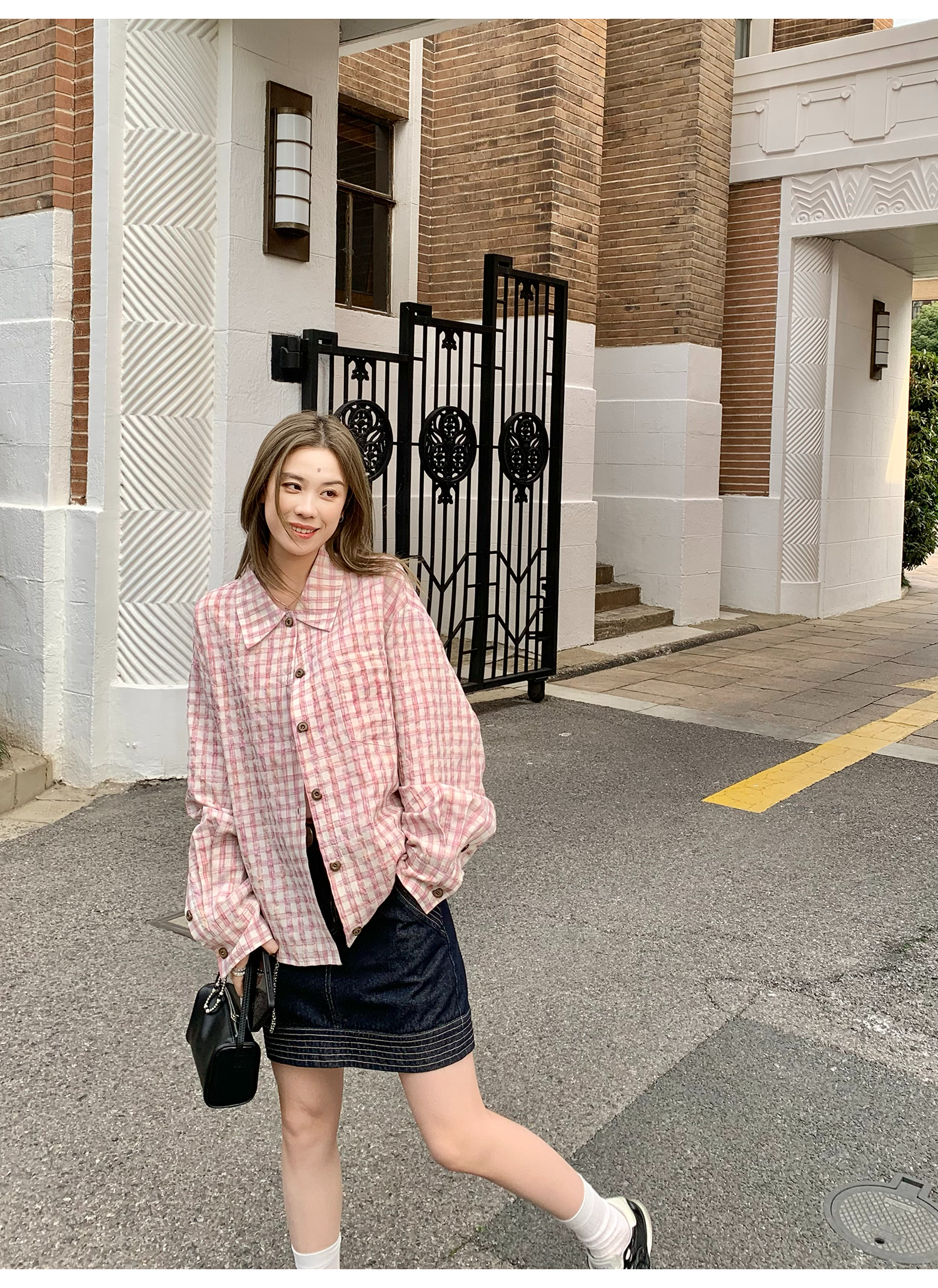 LelyMooch ピンクチェック リネン風　シャツジャケット  LEM119