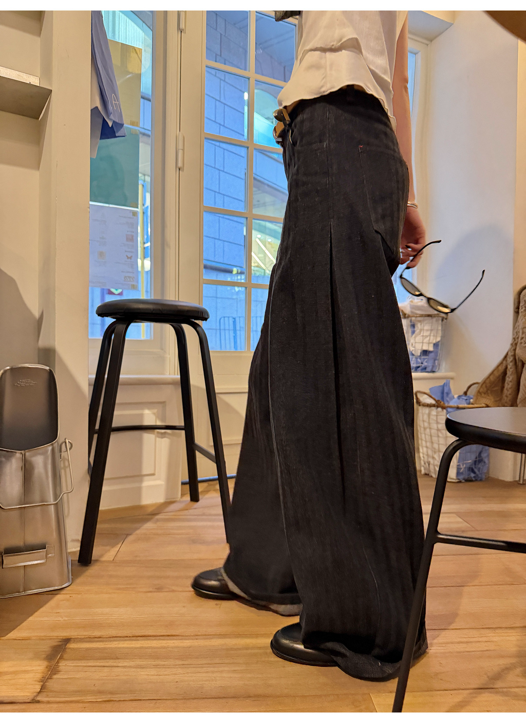 LelyMooch 黒グレー縞柄 すっきりストレートデニム　LEM319