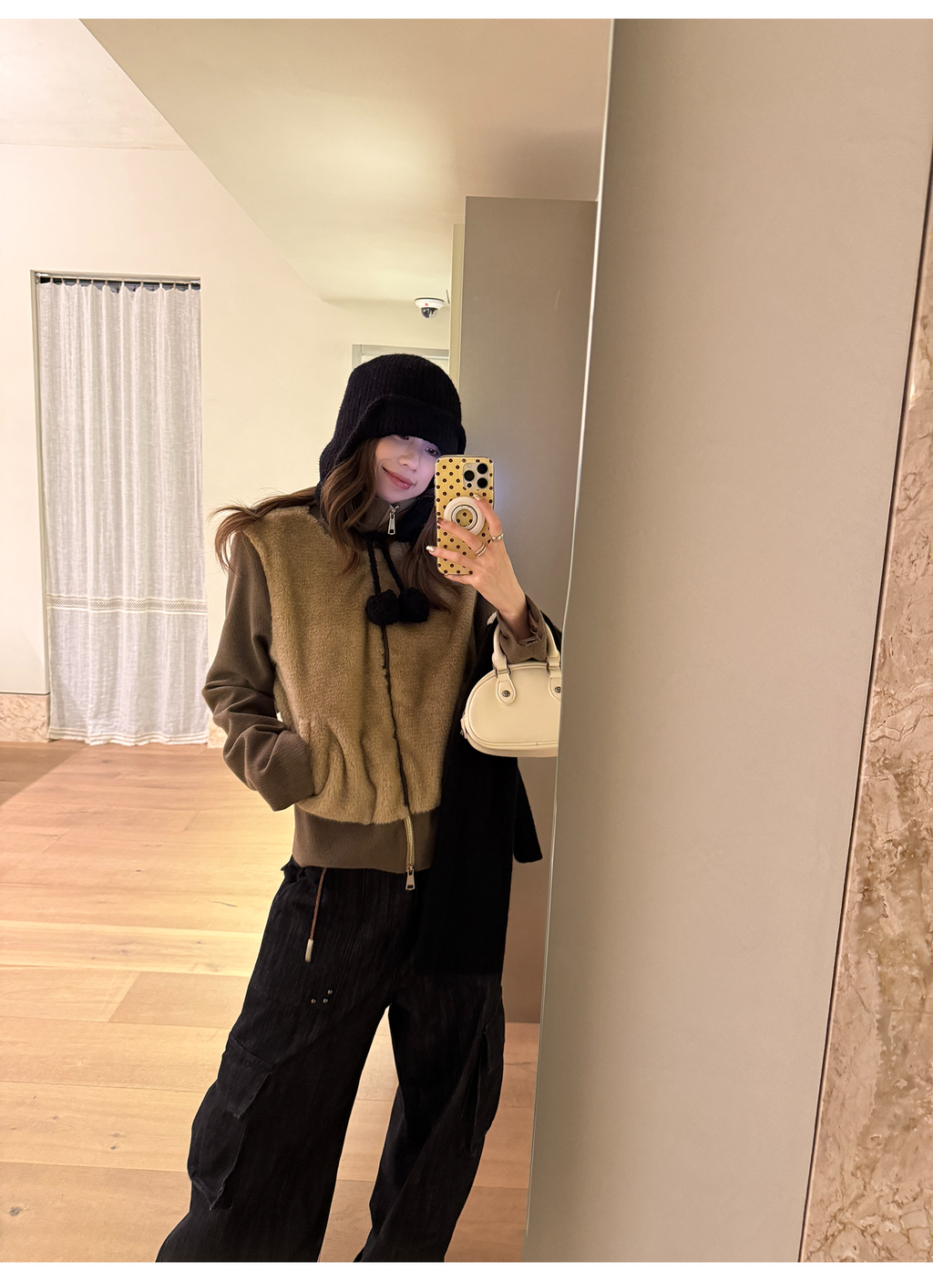 LelyMooch フェイクファー切り替え立ち襟コート  LEM252