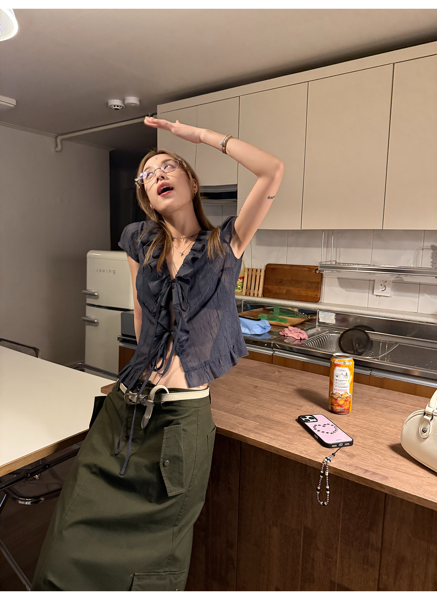 LelyMooch くしゅくしゅ涼感チェック フリルシャツ  LEM175