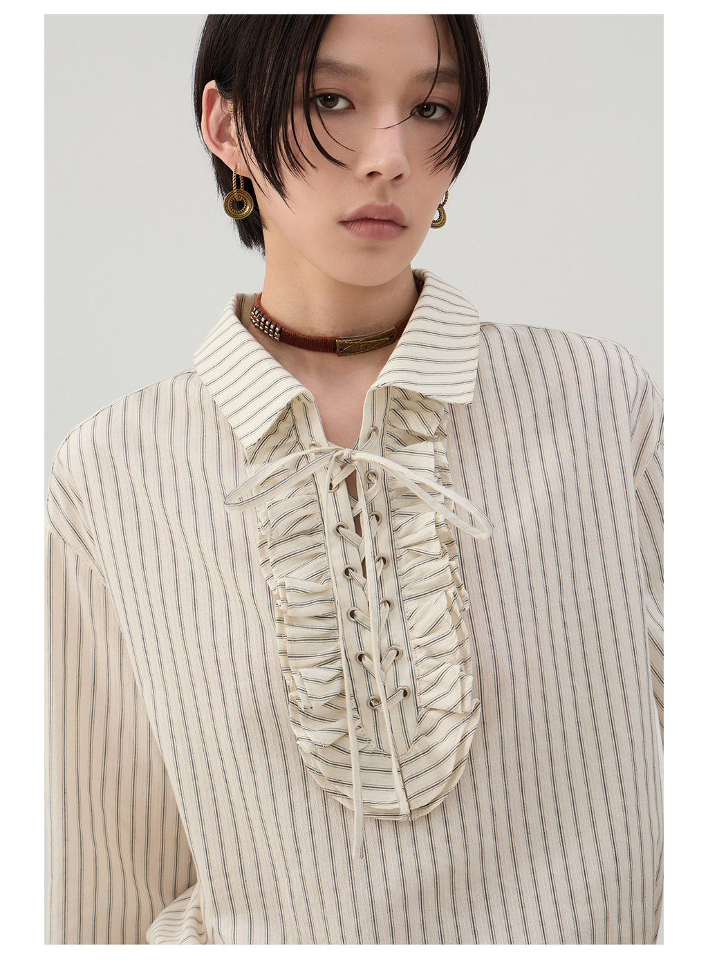 前結びデザイン 縦縞ブラウス  LOM042