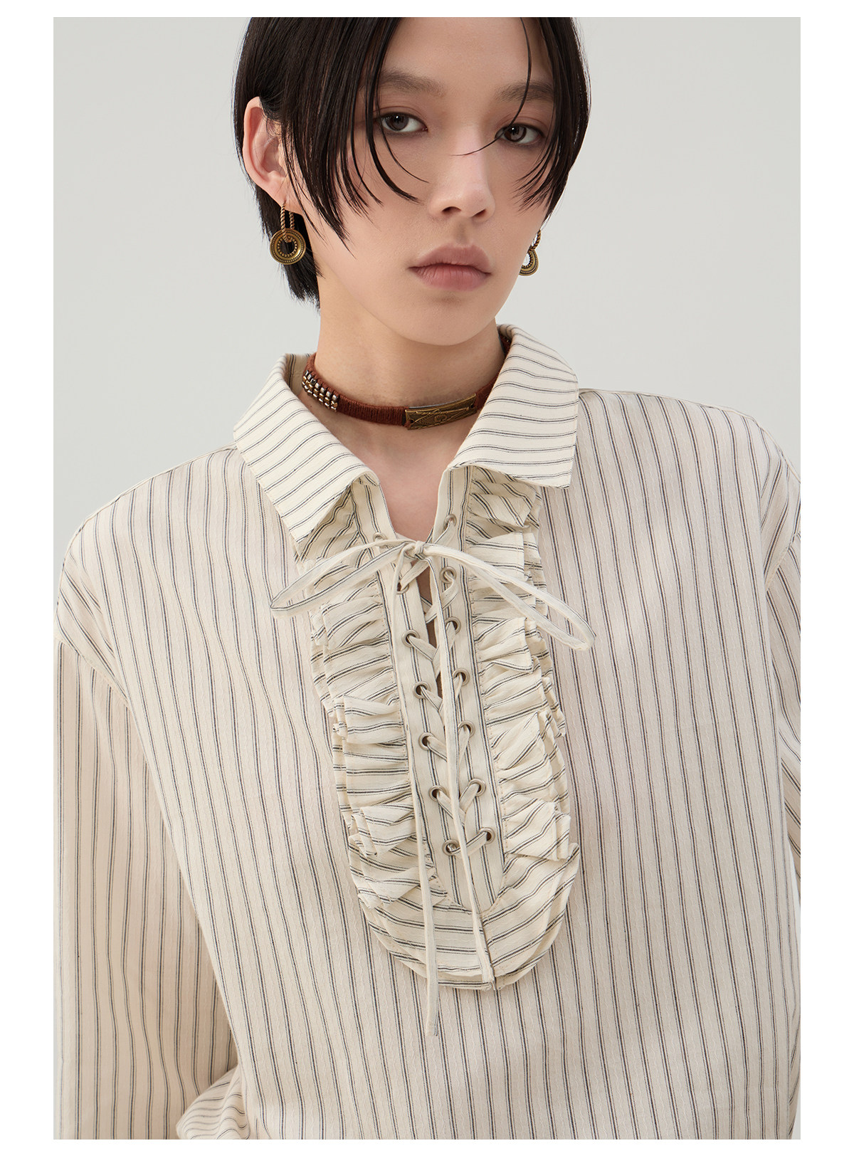 前結びデザイン 縦縞ブラウス  LOM042