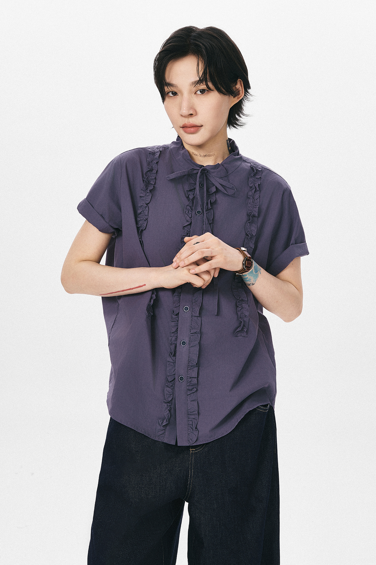 フリルリボン付き半袖シャツ  LOM028