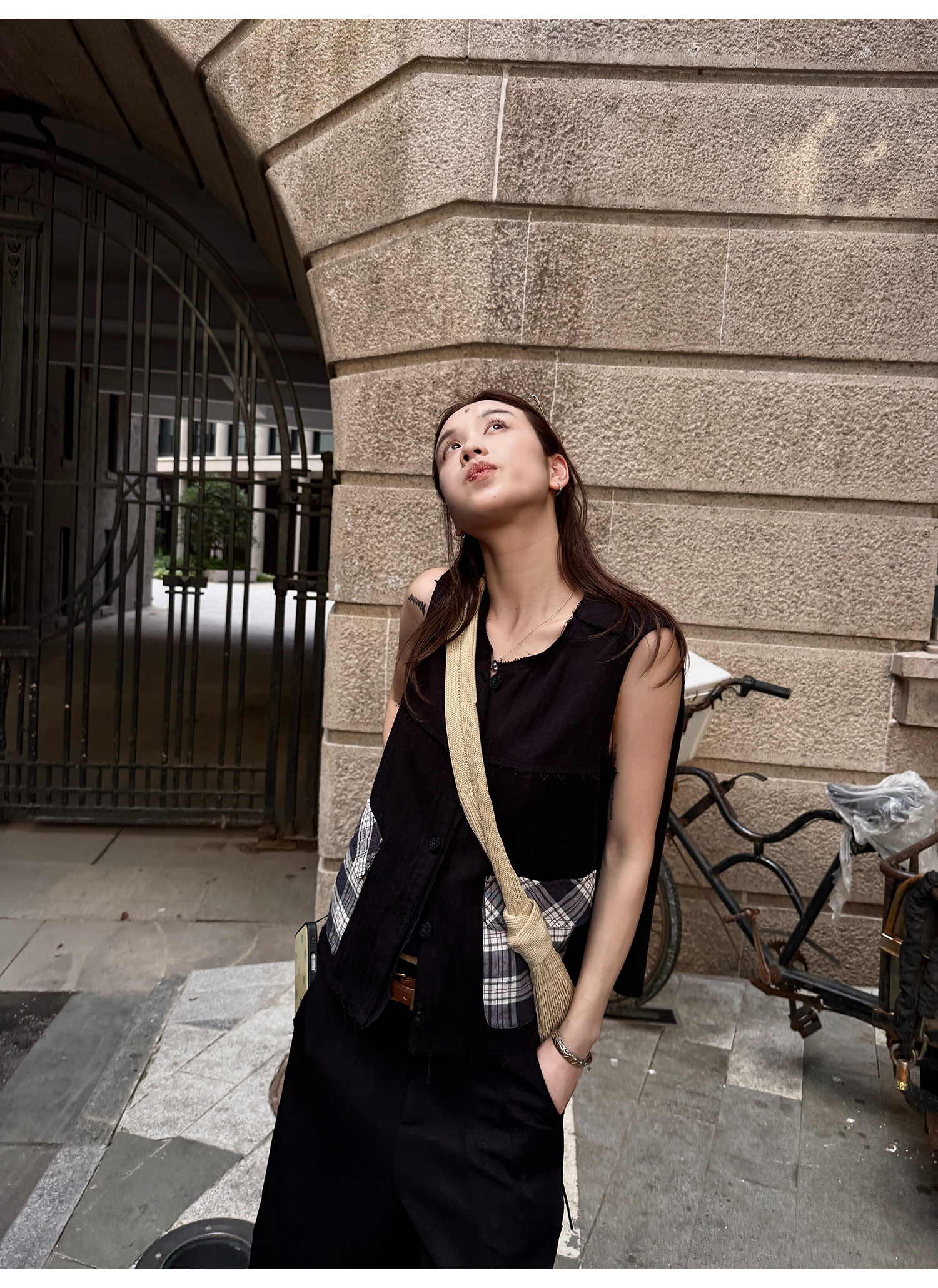 LelyMooch 配色チェック柄ノースリーブベスト  LEM218