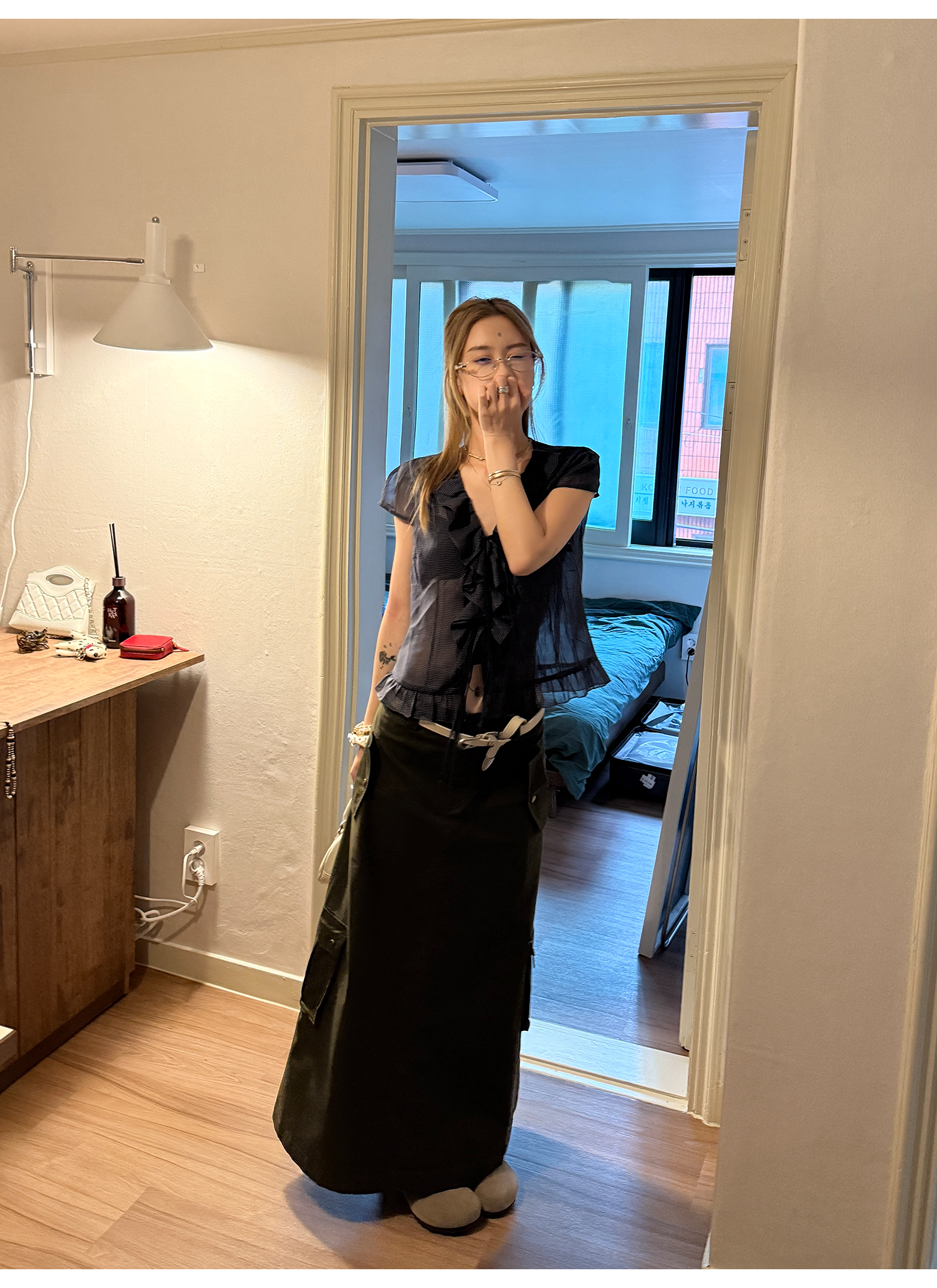 LelyMooch くしゅくしゅ涼感チェック フリルシャツ  LEM175