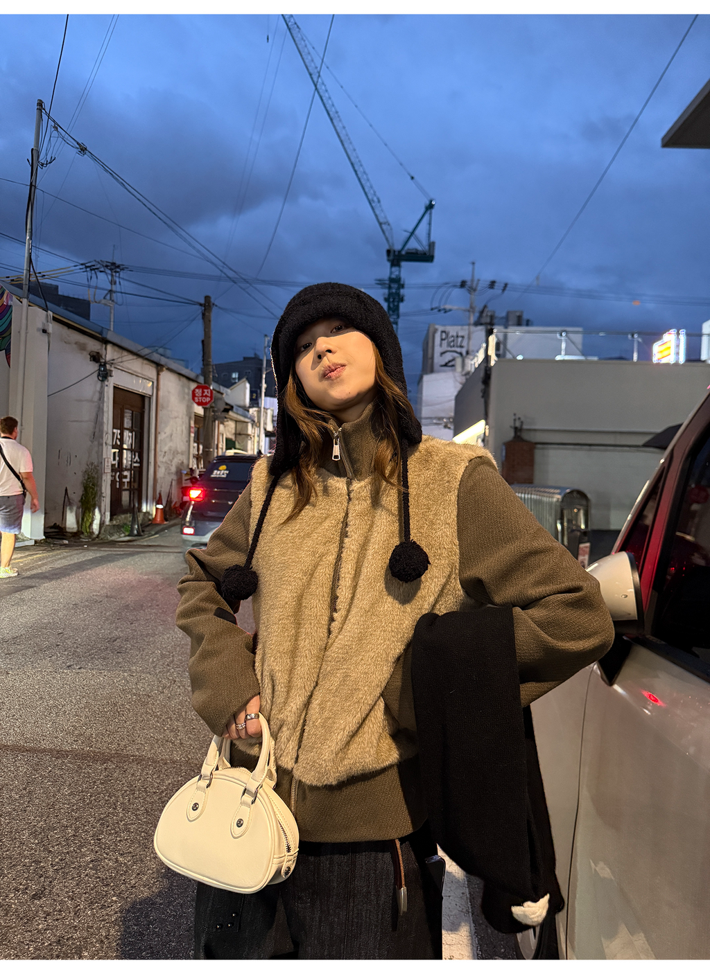 LelyMooch フェイクファー切り替え立ち襟コート  LEM252