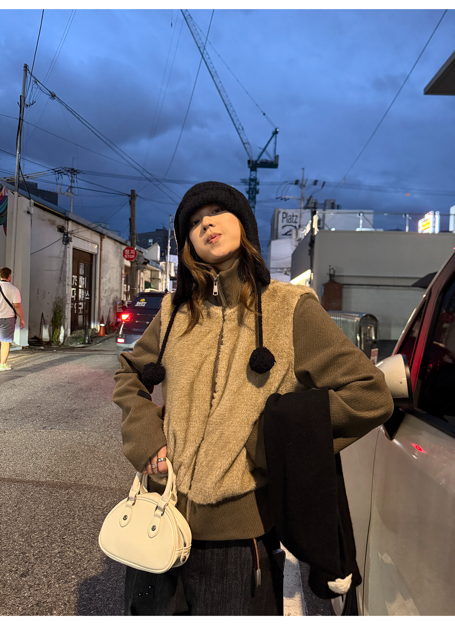 LelyMooch フェイクファー切り替え立ち襟コート  LEM252