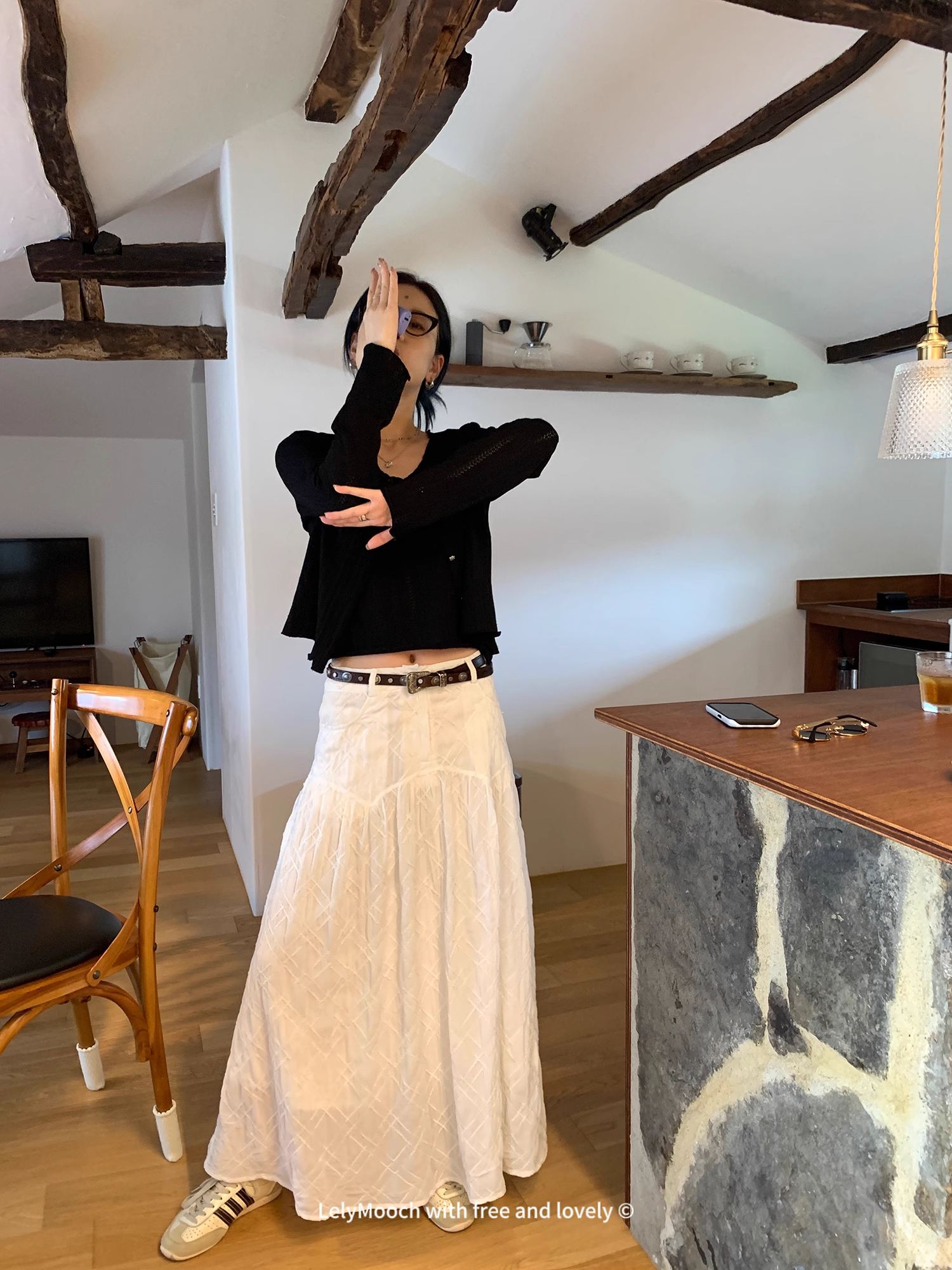 LelyMooch   立体格子柄 ホワイトスカート  LEM040