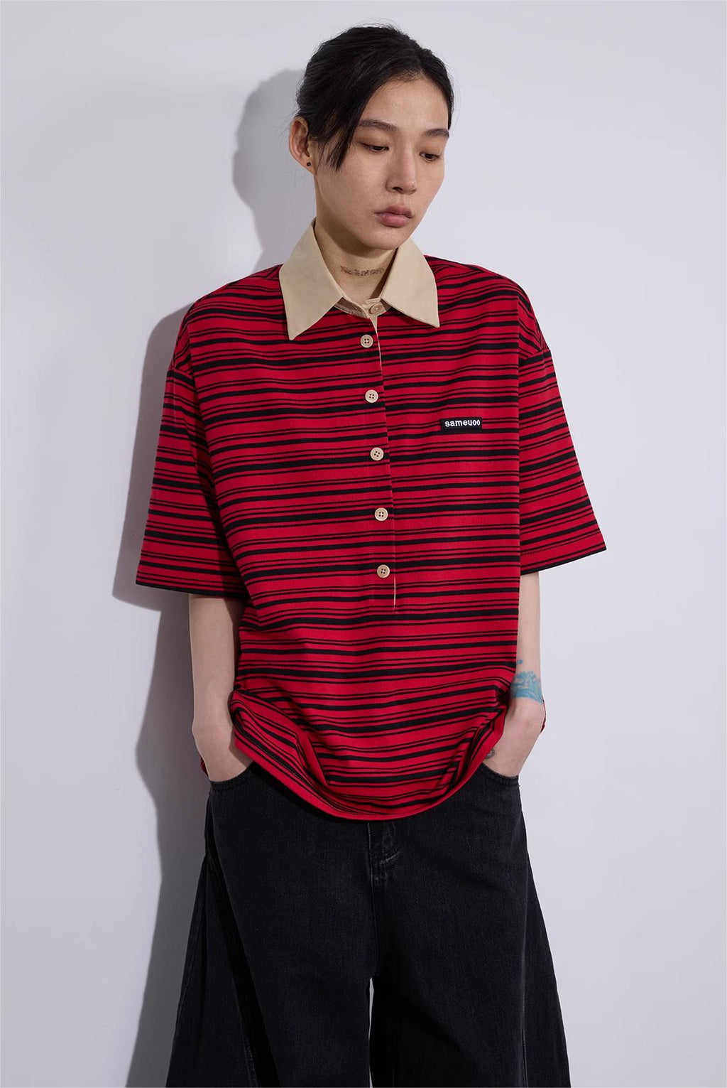 LoomL  ポロカラー ストライプ半袖Tシャツ  LOM016