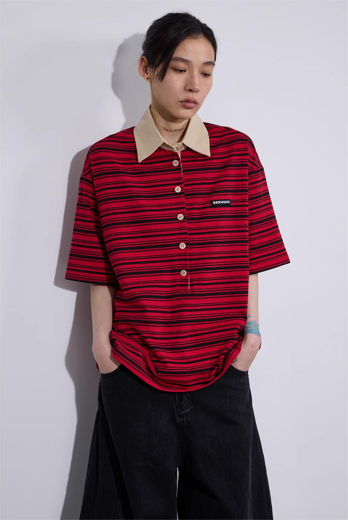 LoomL  ポロカラー ストライプ半袖Tシャツ  LOM016