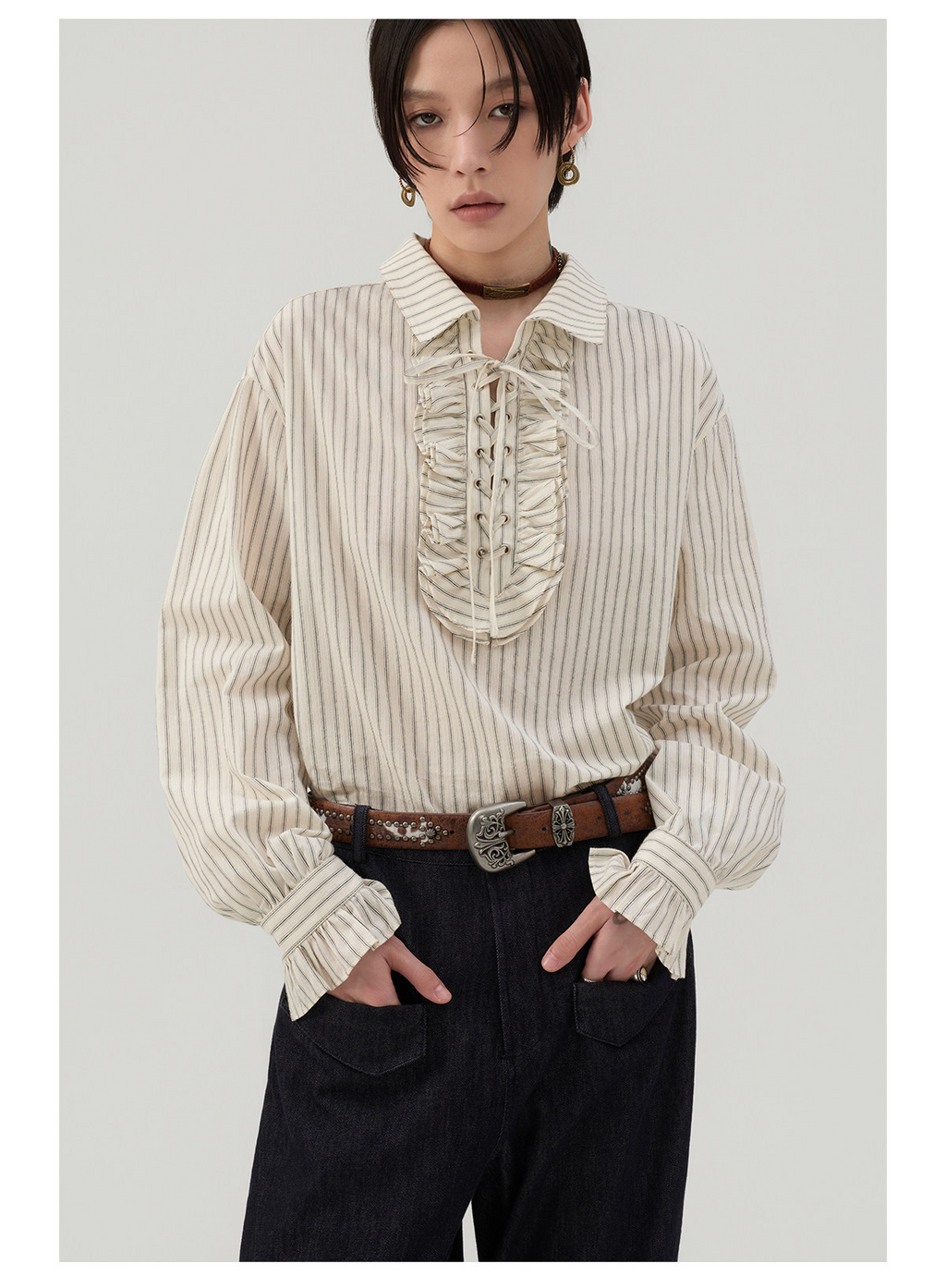 前結びデザイン 縦縞ブラウス  LOM042