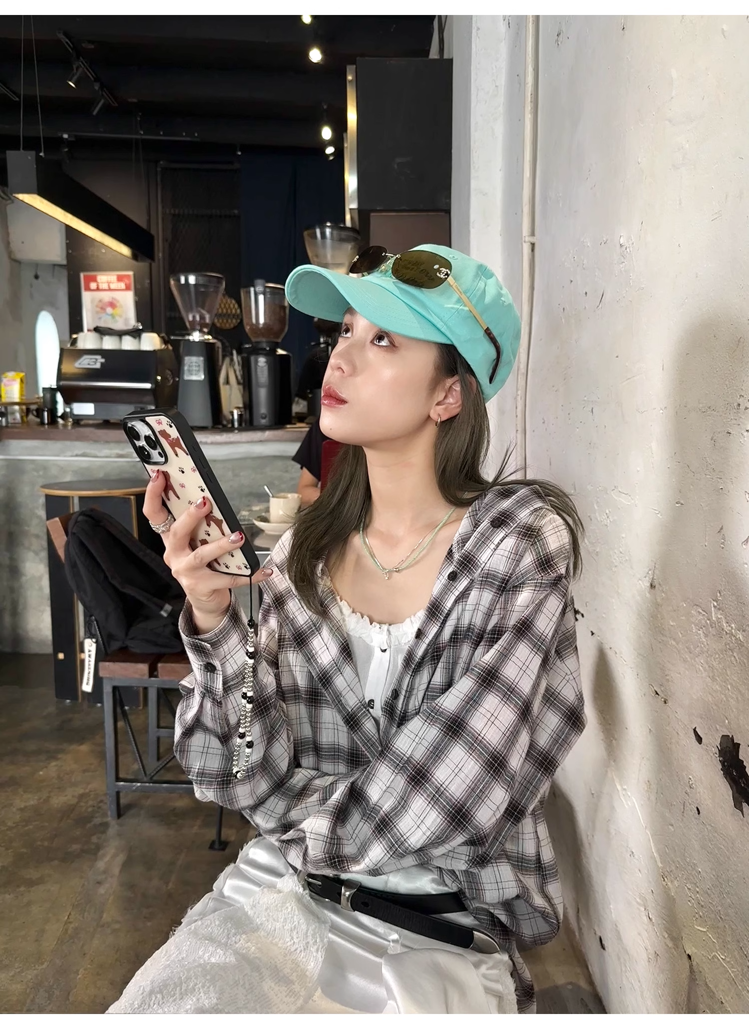 LelyMooch  フード付きミディ丈長袖チェックシャツ  LEM101