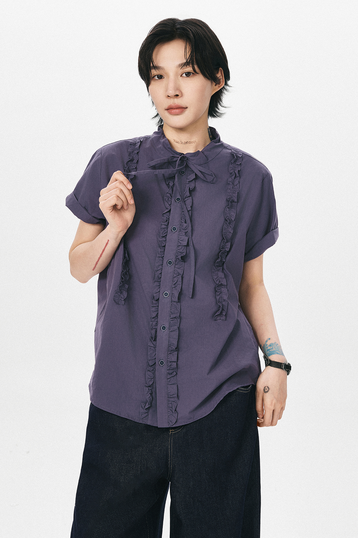 フリルリボン付き半袖シャツ  LOM028