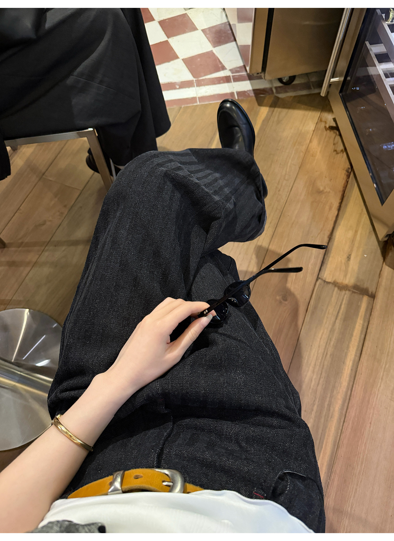 LelyMooch 黒グレー縞柄 すっきりストレートデニム　LEM319