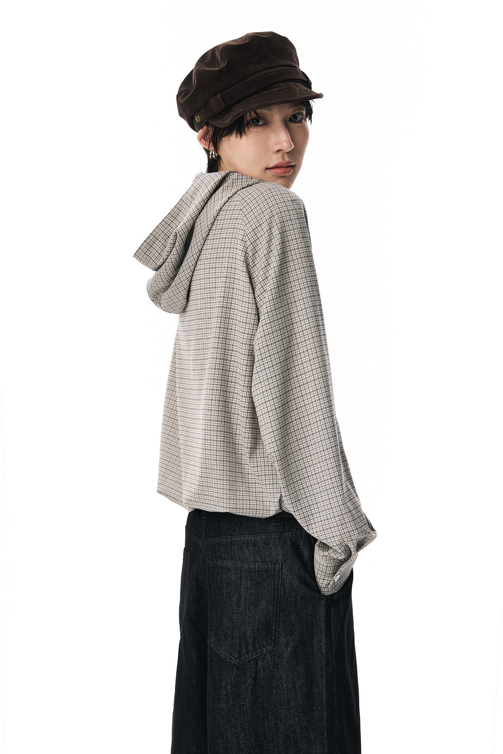 ドローコードヘム フーディーチェック柄 長袖シャツ  LOM037