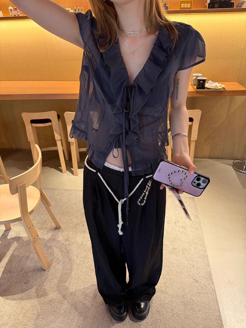 LelyMooch くしゅくしゅ涼感チェック フリルシャツ  LEM175