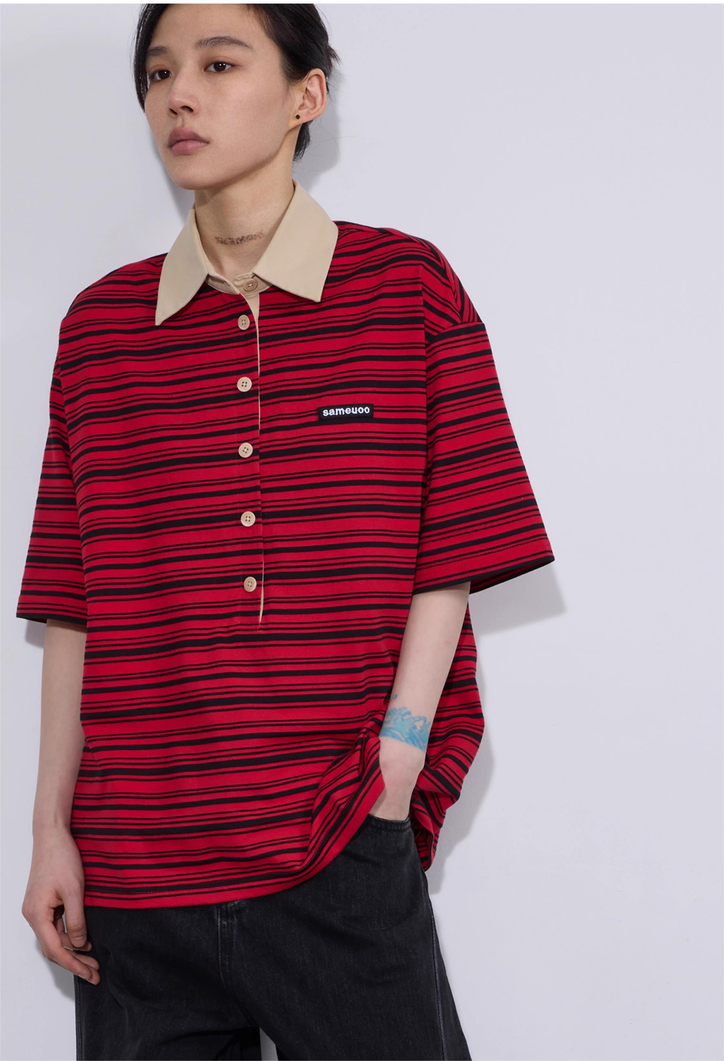 ポロカラー ストライプ半袖Tシャツ  LOM016