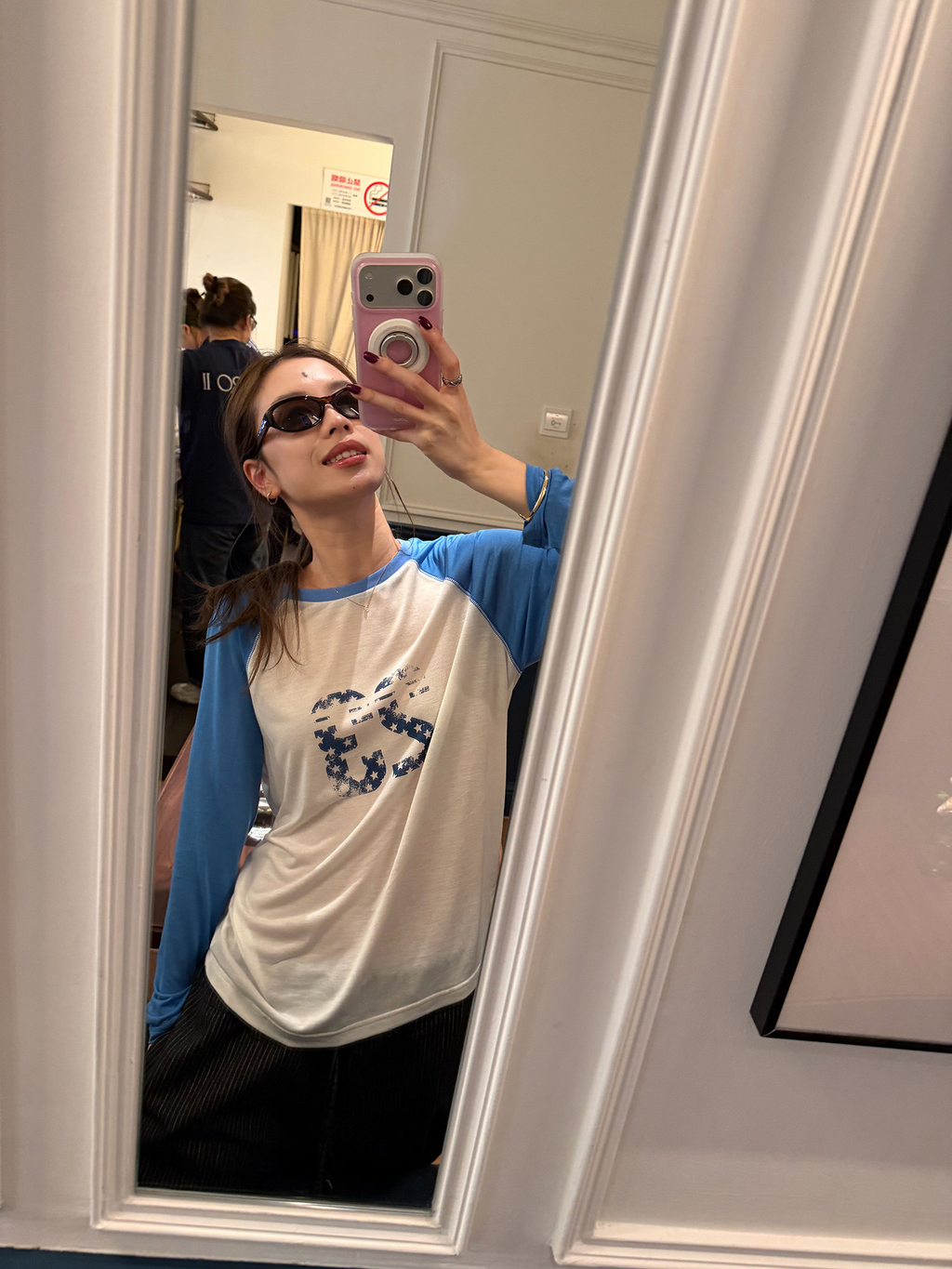LelyMooch ブルー×ホワイト 配色ロングTシャツ  LEM377