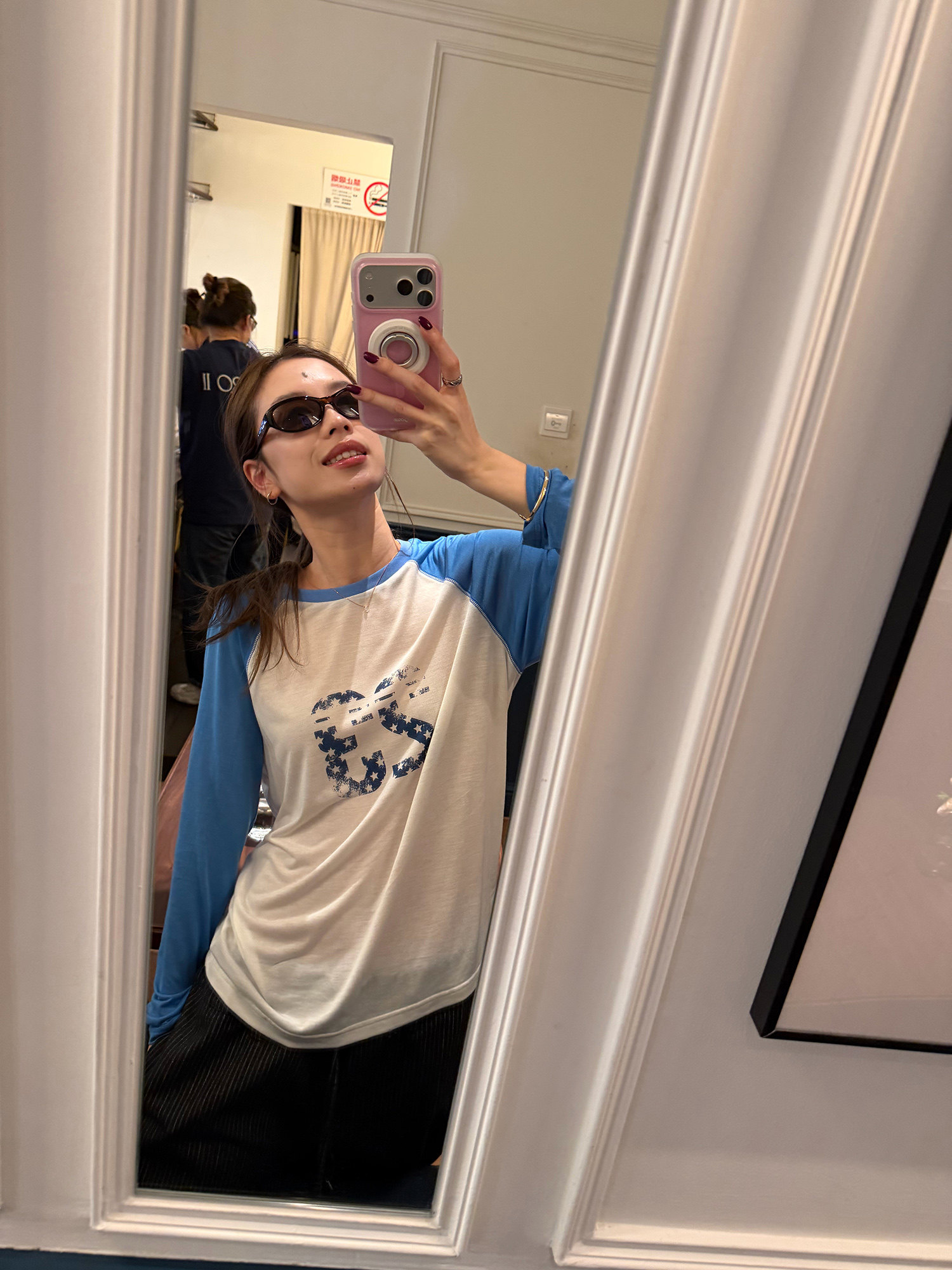 LelyMooch ブルー×ホワイト 配色ロングTシャツ  LEM377
