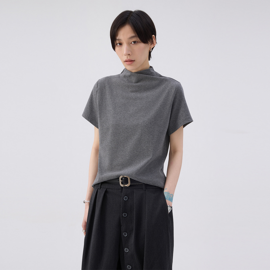 モックネックフレンチスリーブTシャツ  LOM073