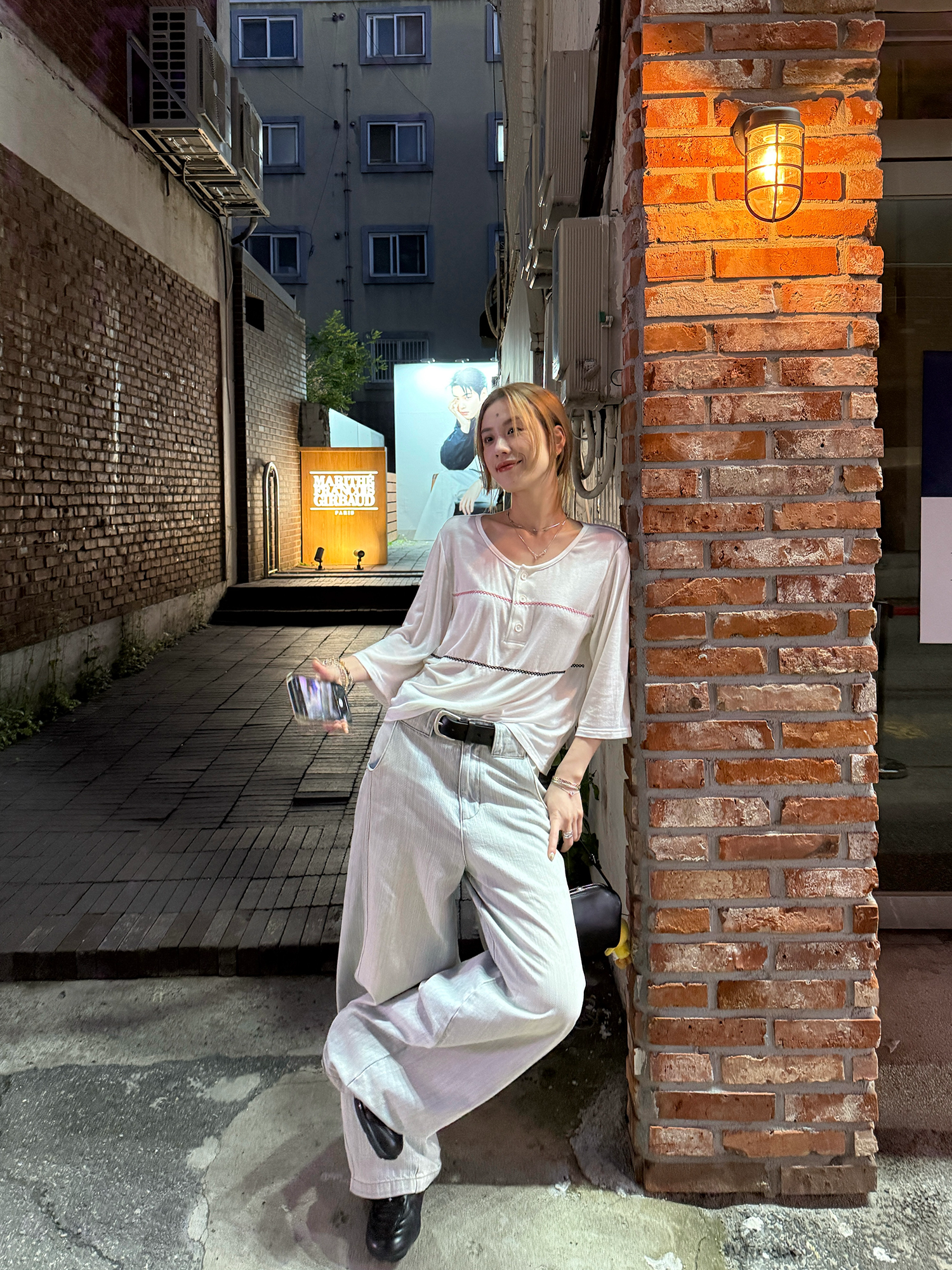 LelyMooch シアー素材×配色ステッチ ヘンリーネック七分袖  LEM178