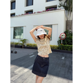 LelyMooch 花柄 ワッフル素材 ショート丈Tシャツ  LEM343