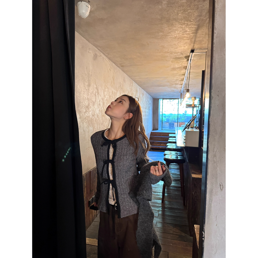 LelyMooch ケーブル調 × 配色リボン ニットトップス LEM276