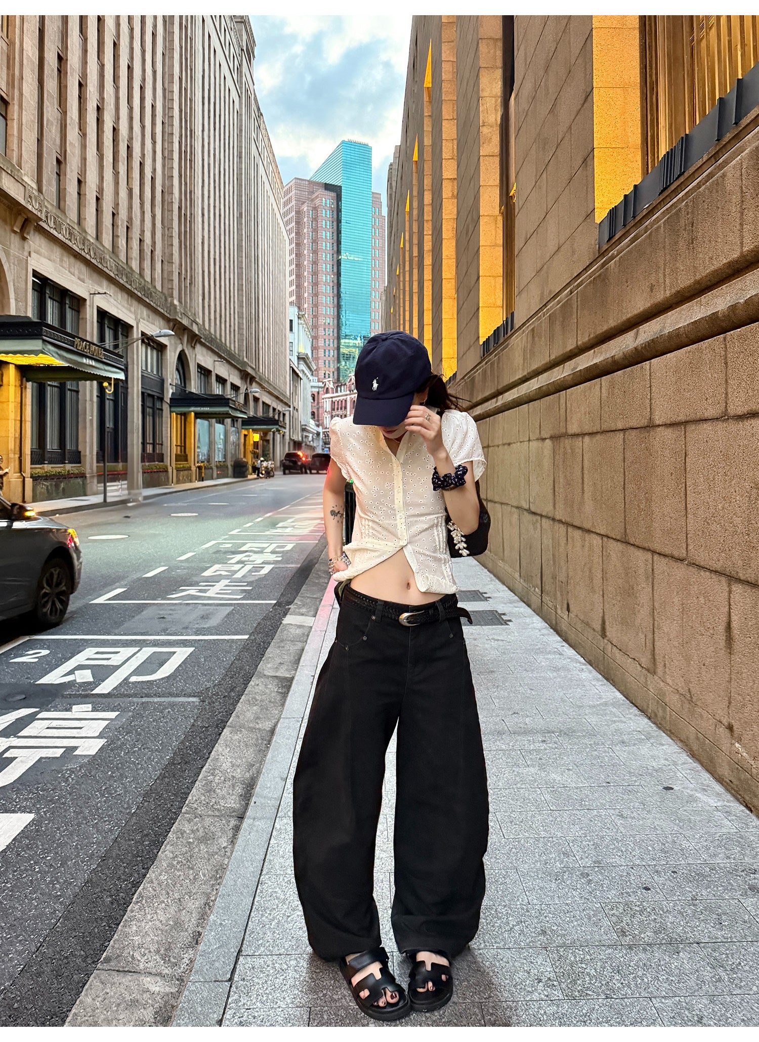 LelyMooch 古着風ブラックスタッズワイドパンツ  LEM215