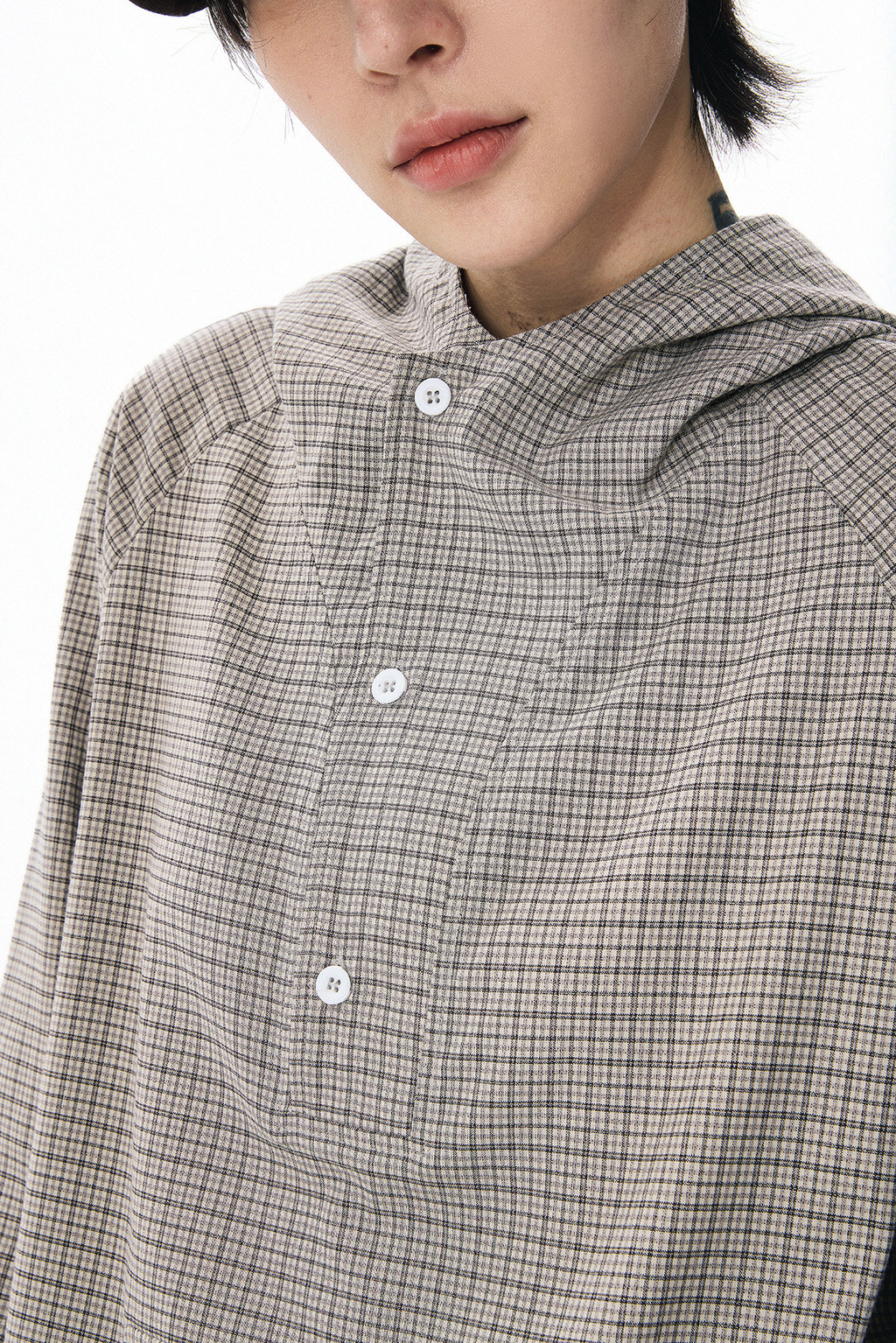 ドローコードヘム フーディーチェック柄 長袖シャツ  LOM037