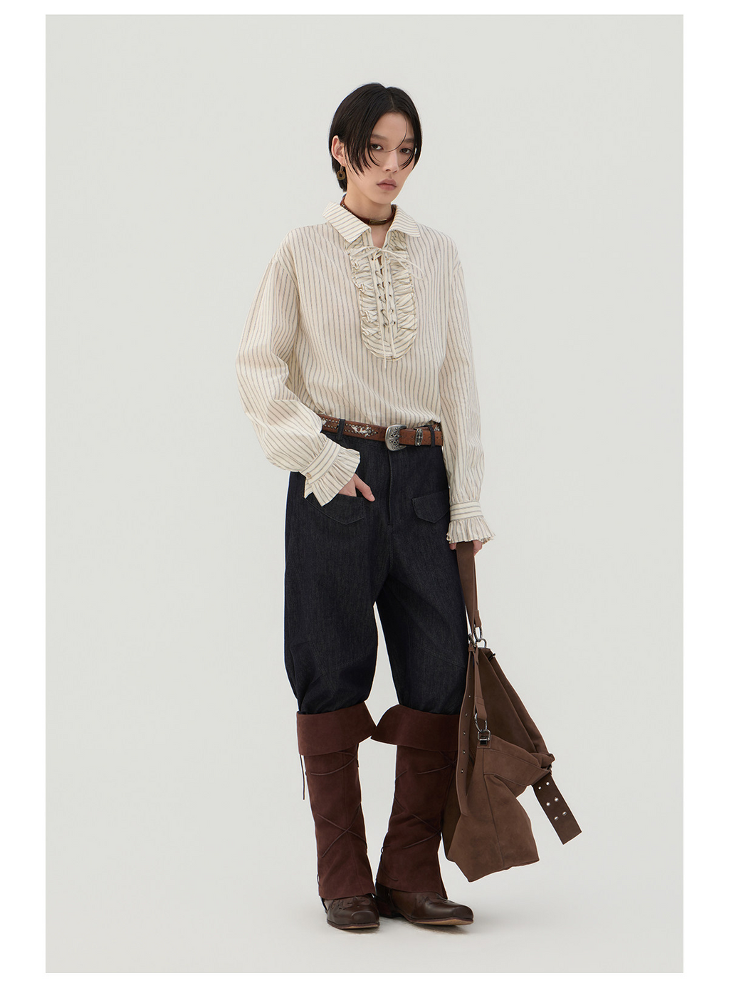 前結びデザイン 縦縞ブラウス  LOM042