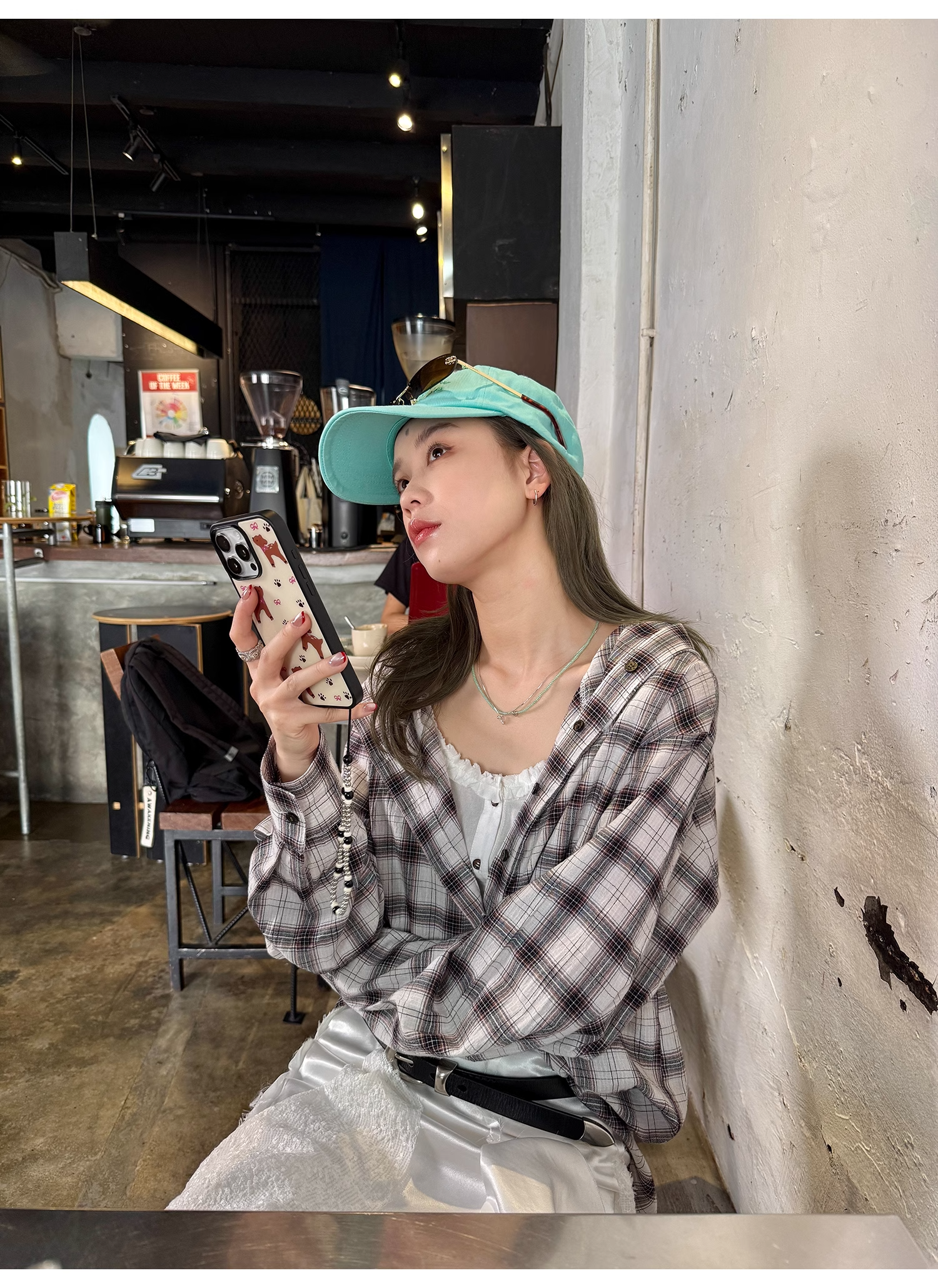 LelyMooch  フード付きミディ丈長袖チェックシャツ  LEM101