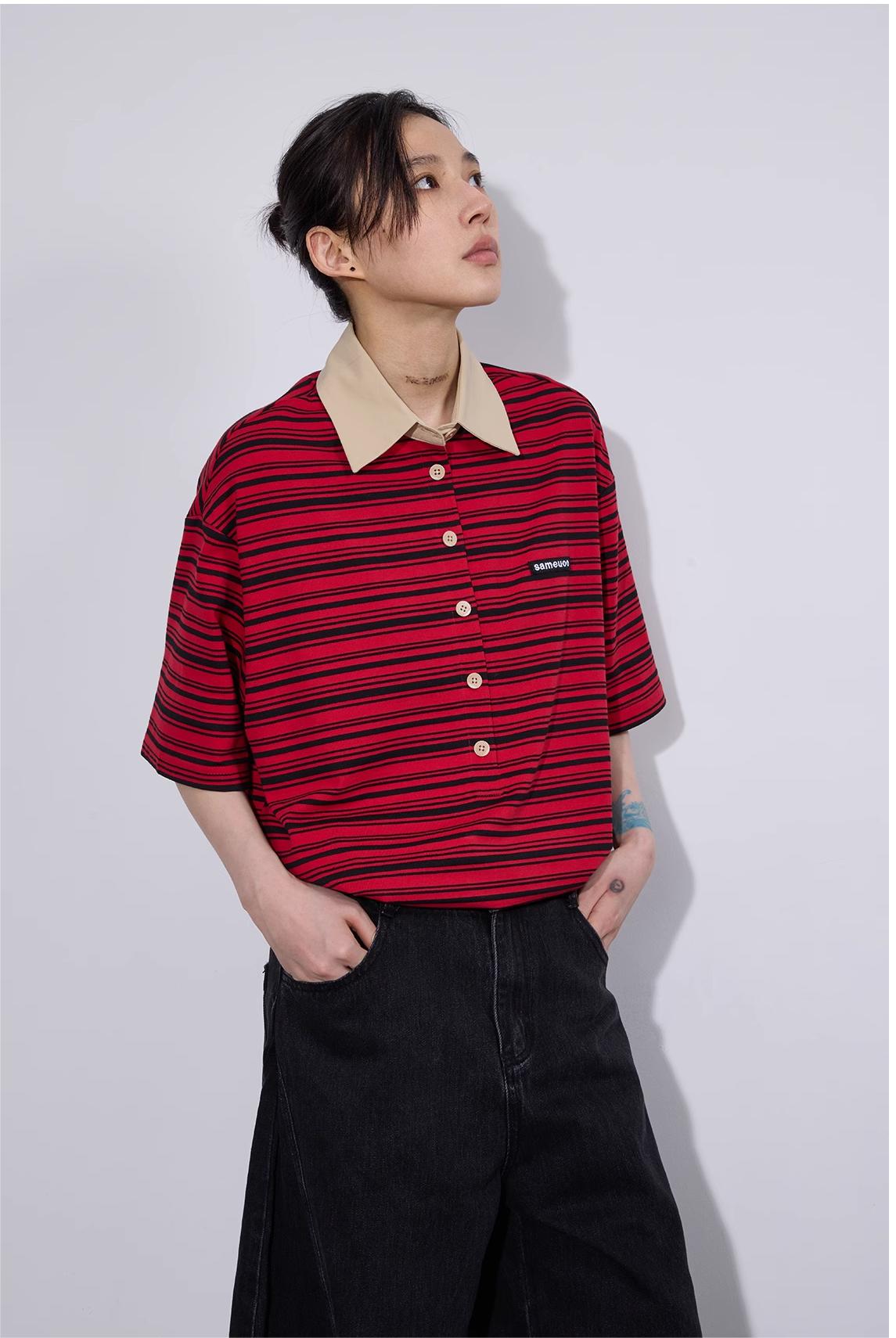 ポロカラー ストライプ半袖Tシャツ  LOM016