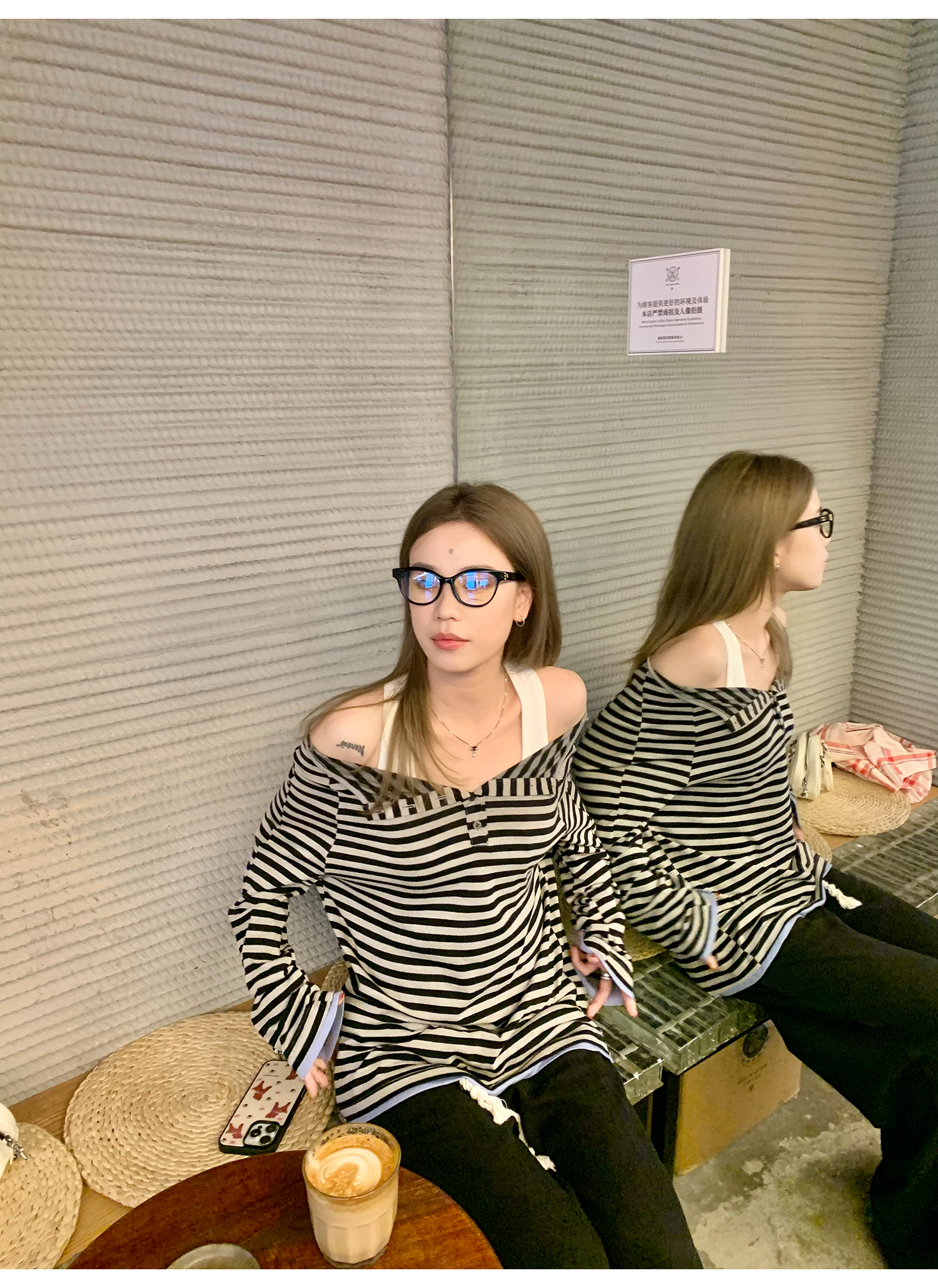 LelyMooch  オフショルダー ストライプ ロンTシャツ  LEM120